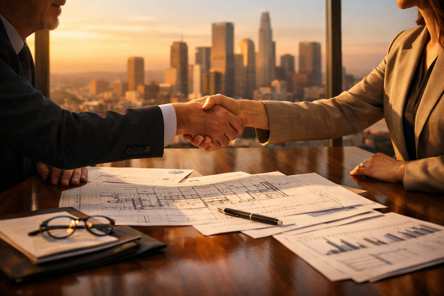 General partners and investors negotiating real estate syndication deal with blueprints