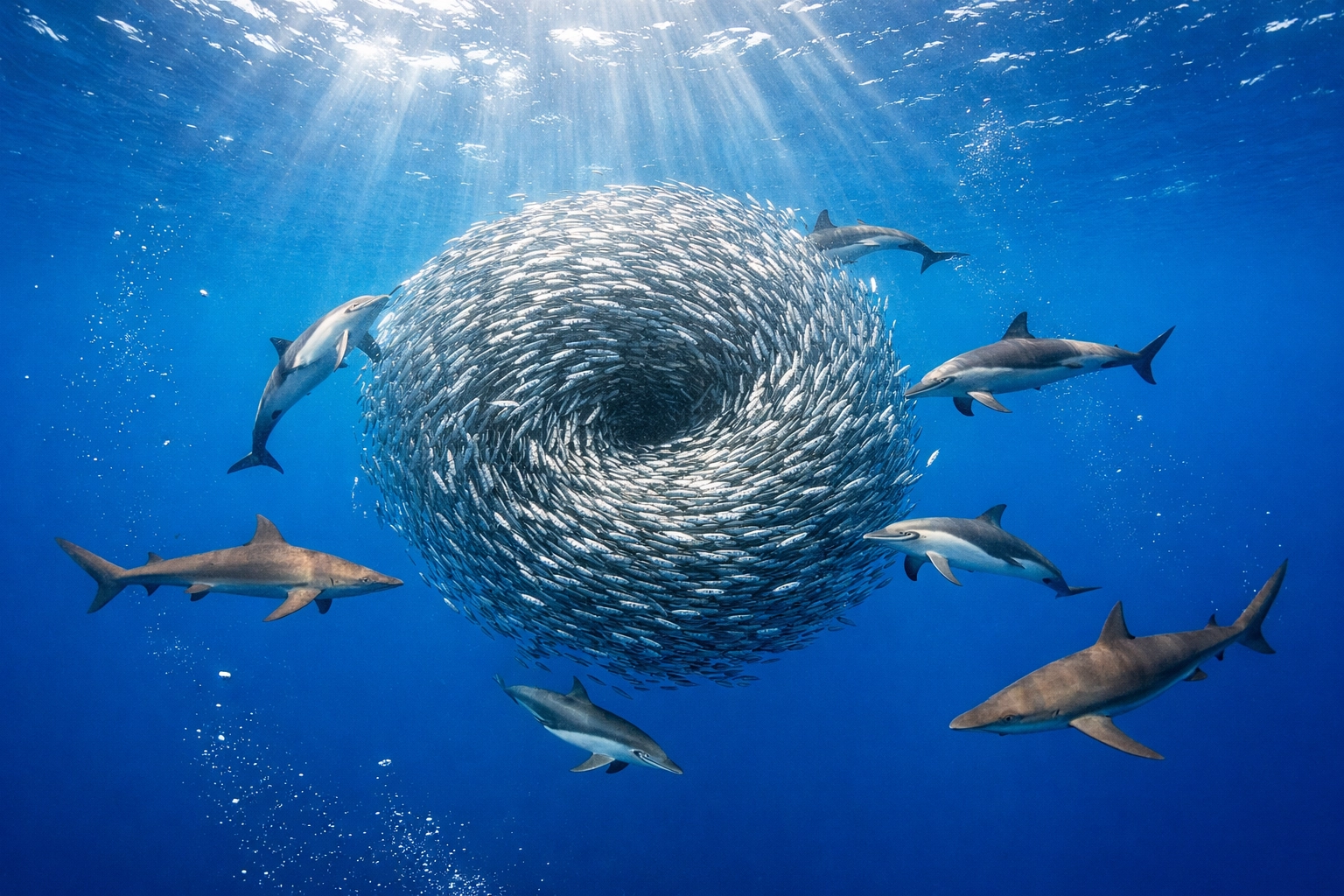 Millions of sardines forming a massive bait ball during South Africa’s Mega Migration with dolphins and sharks.