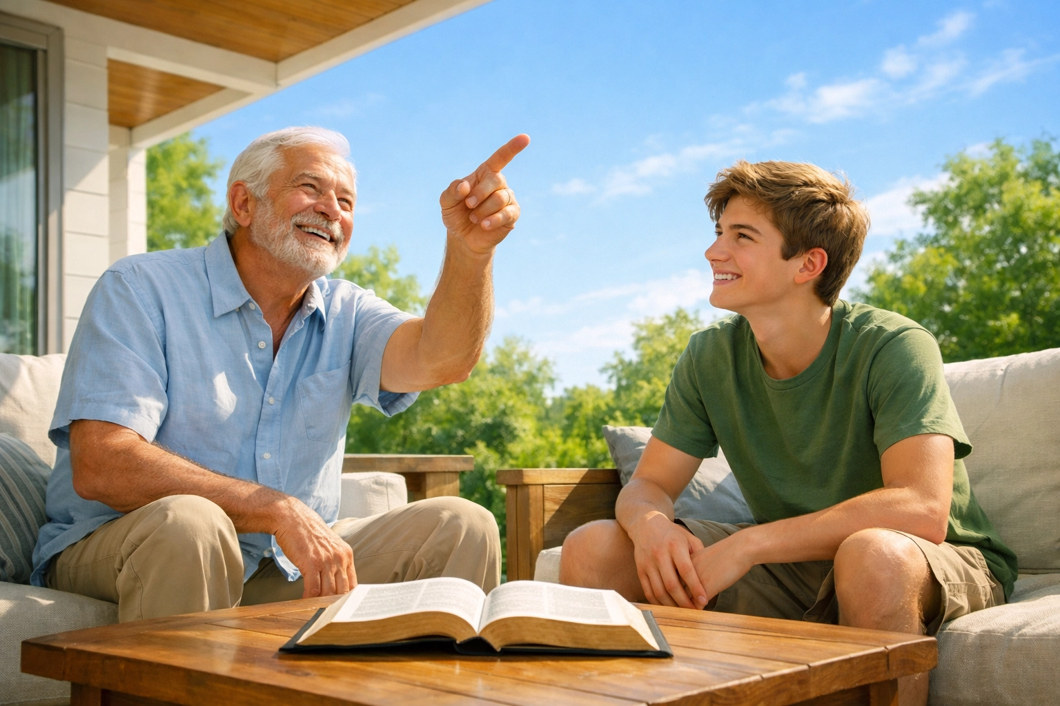 Grandfather and grandson study the Bible together, reflecting the scriptural truths of First Assembly Memphis.