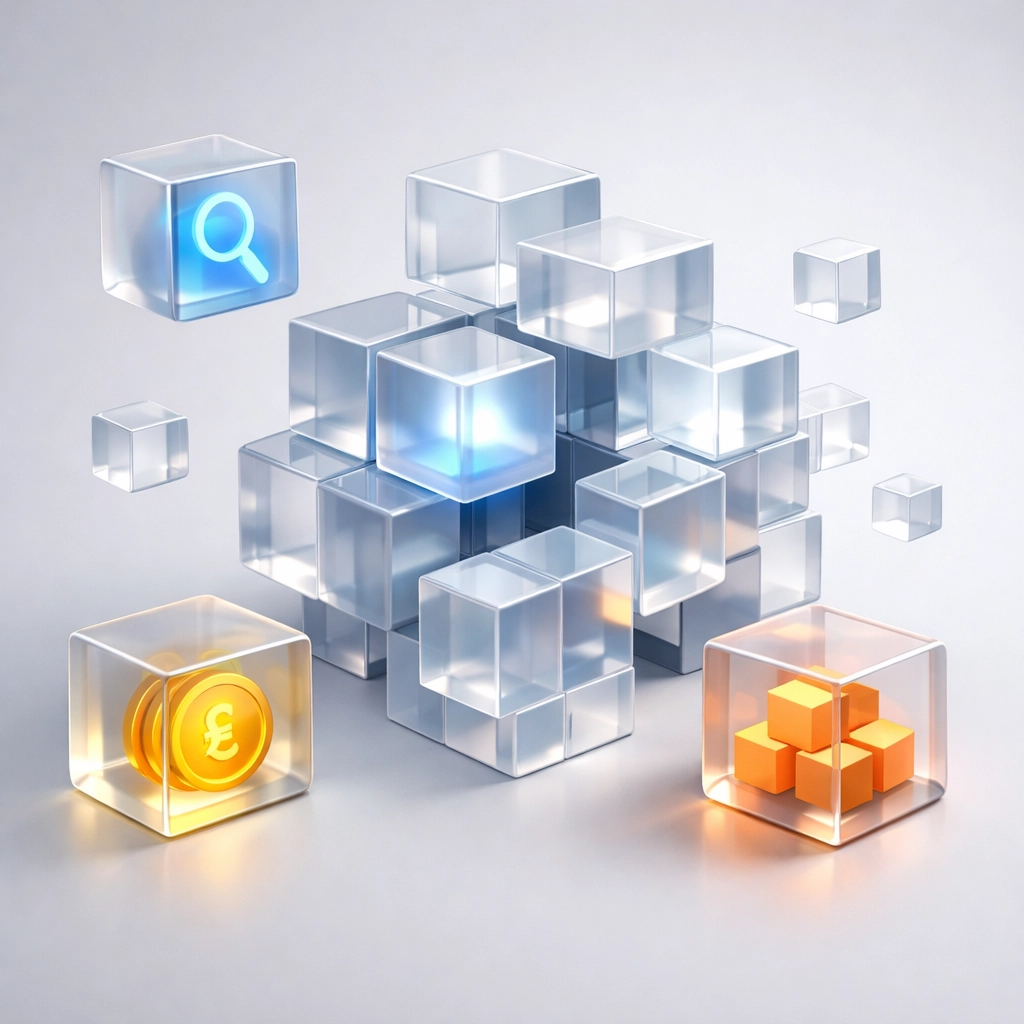 Modular blocks representing a composable commerce stack with independent microservices for payments and search.