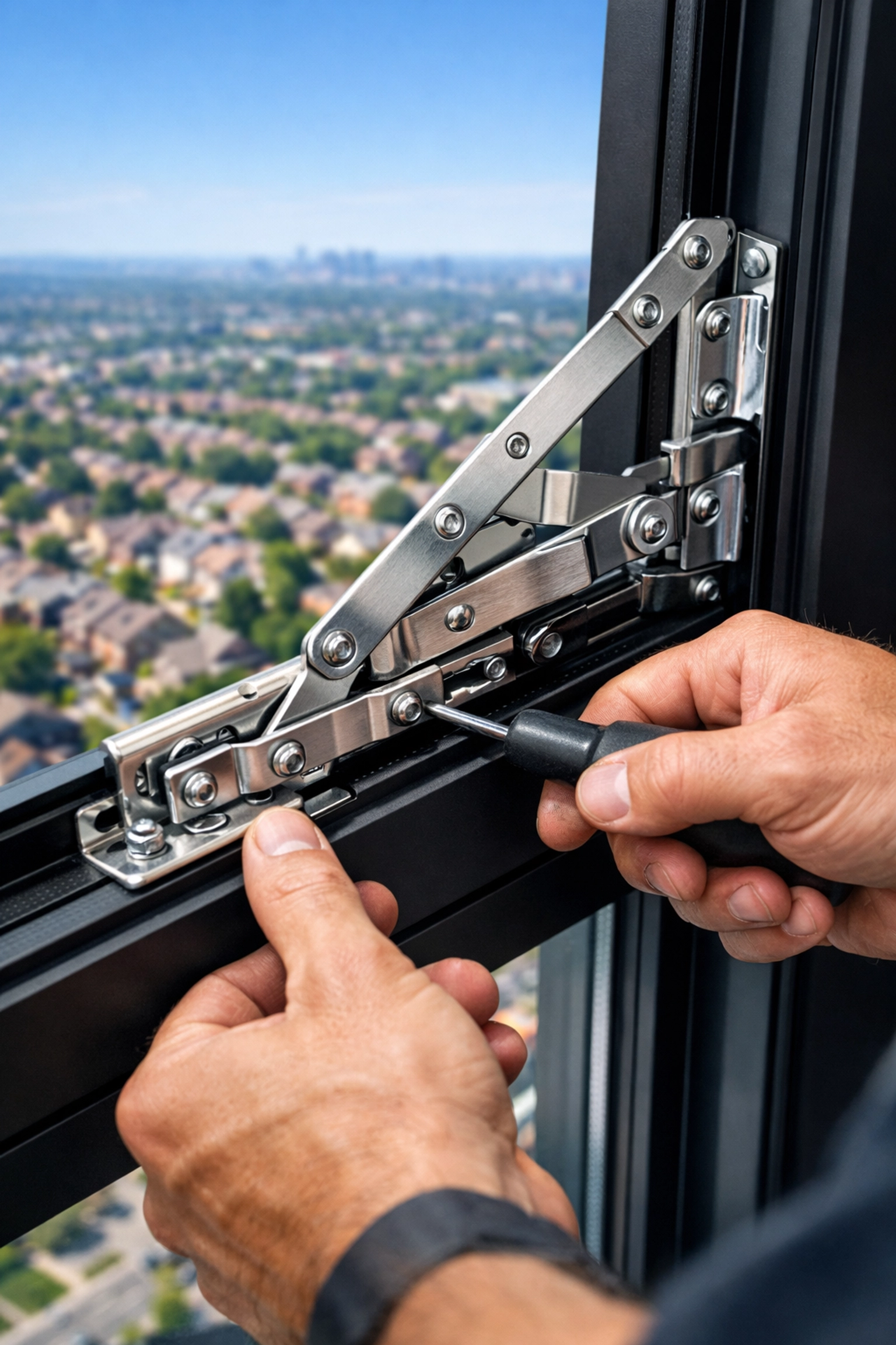Professional window repair Toronto technician installing a heavy-duty stainless steel hinge on a window frame.