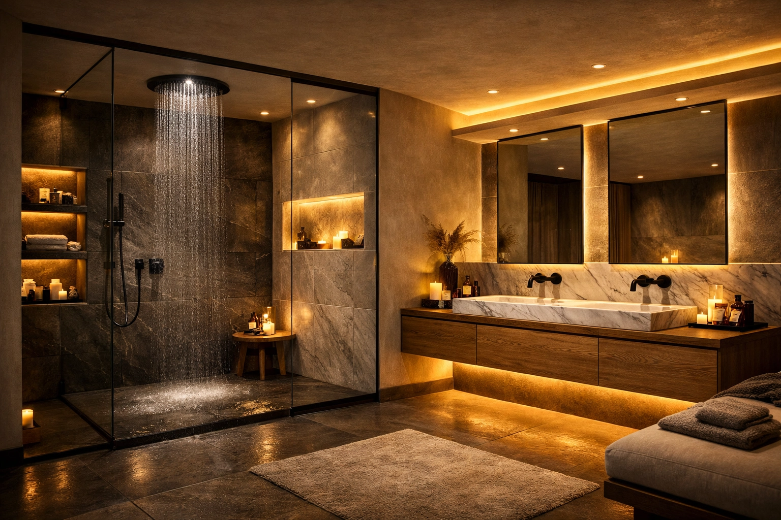 Finished luxury walk-in wet room with rainfall shower and bespoke cabinetry in West Sussex.