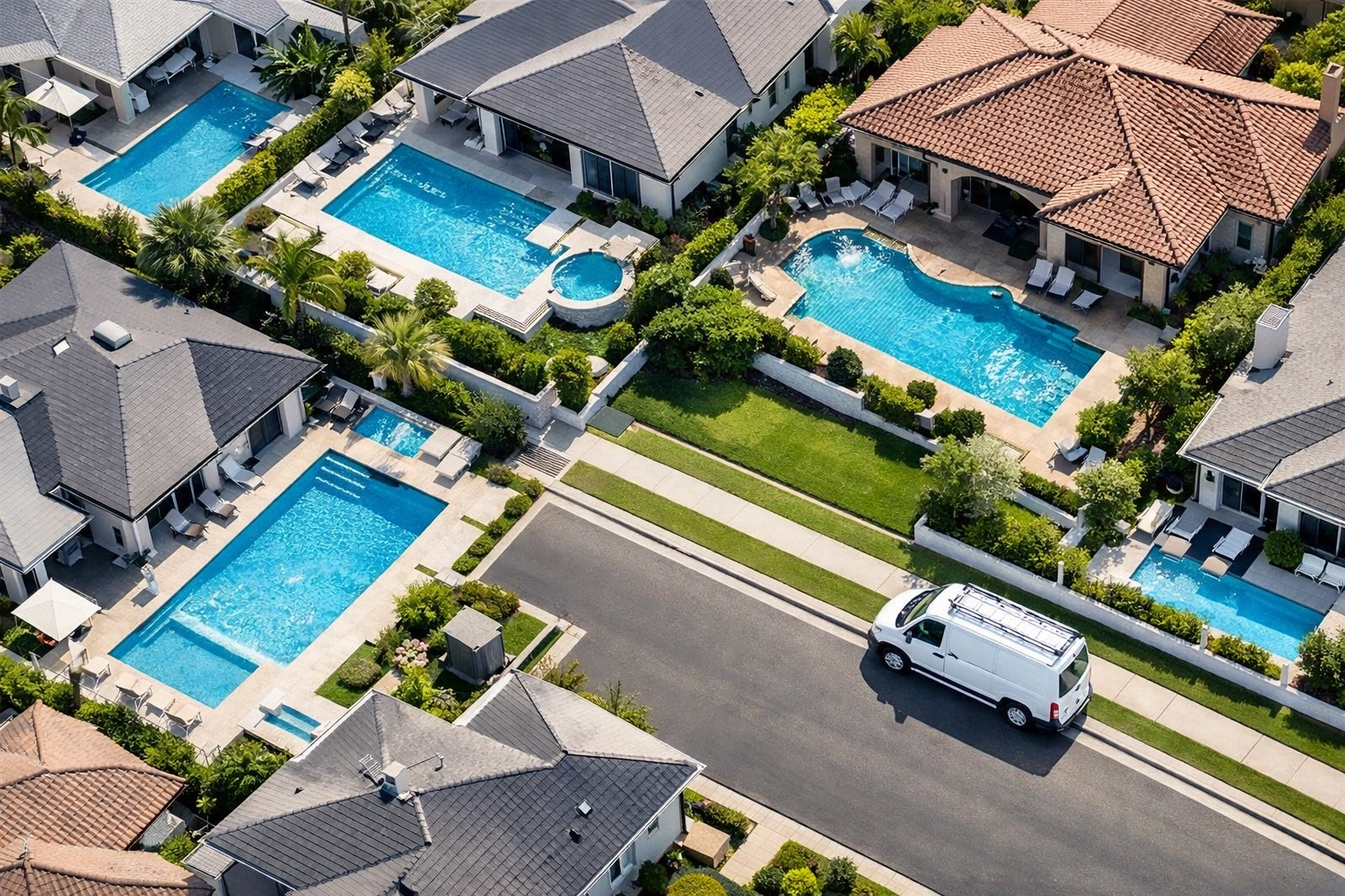 Aerial view of a suburban neighborhood with high pool route density for maximizing sale value.