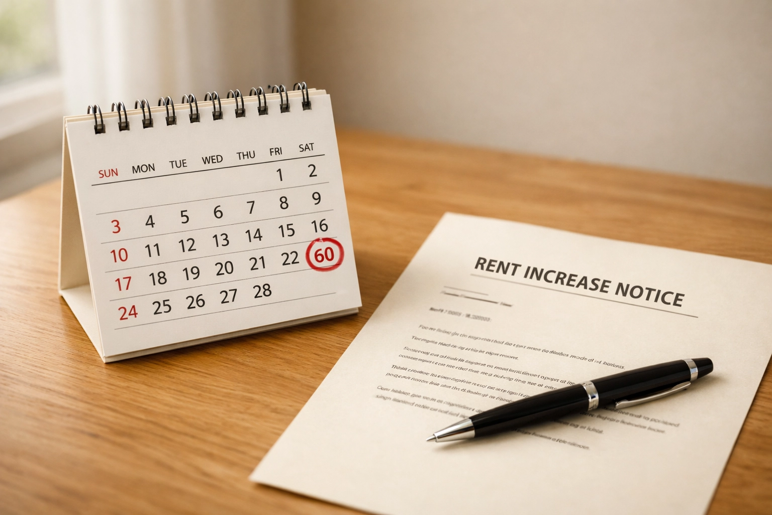 Calendar marking 60-day notice period for Delaware rent increase with written notice letter