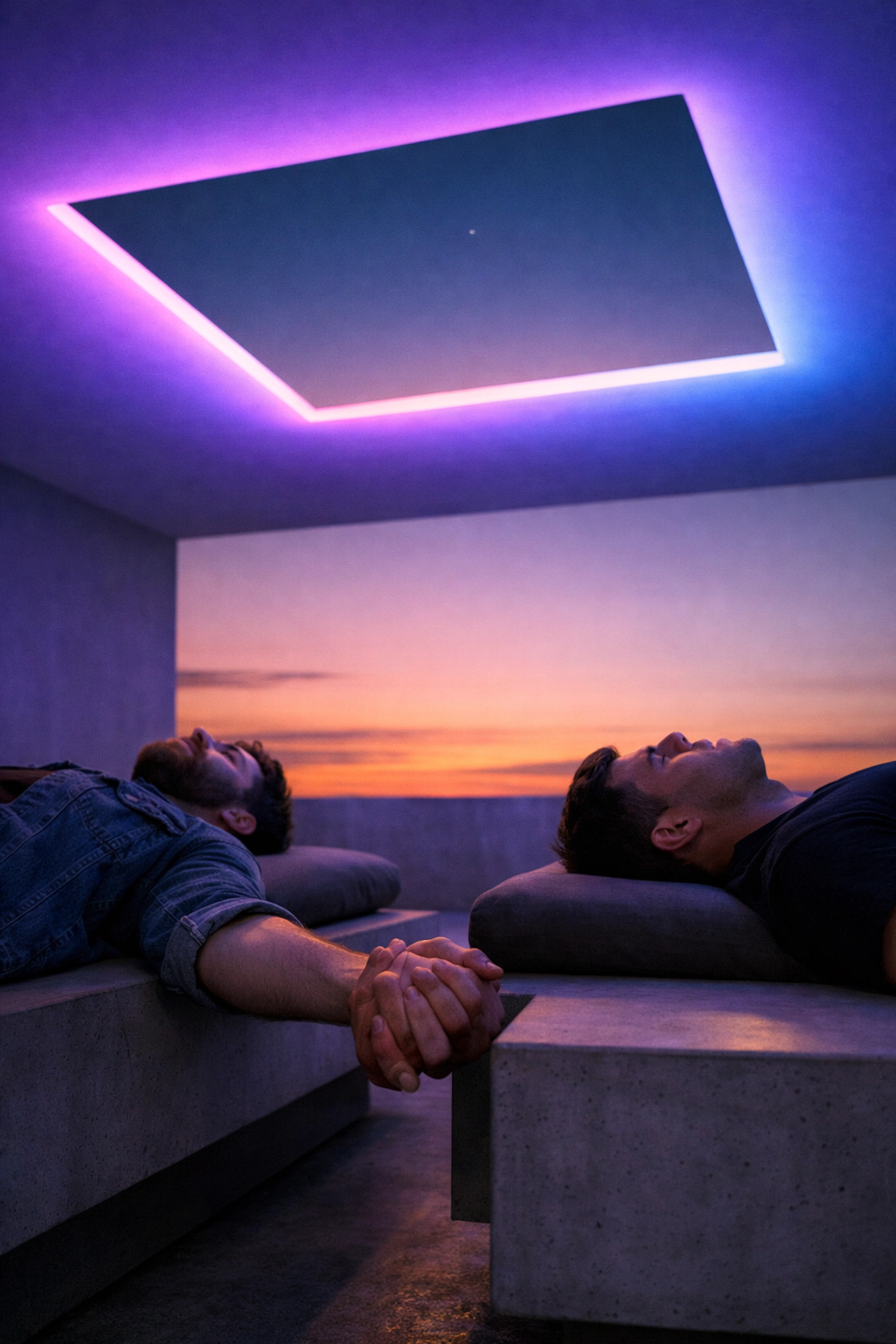 Two men holding hands at Skyspace Turrell art installation in Monterrey