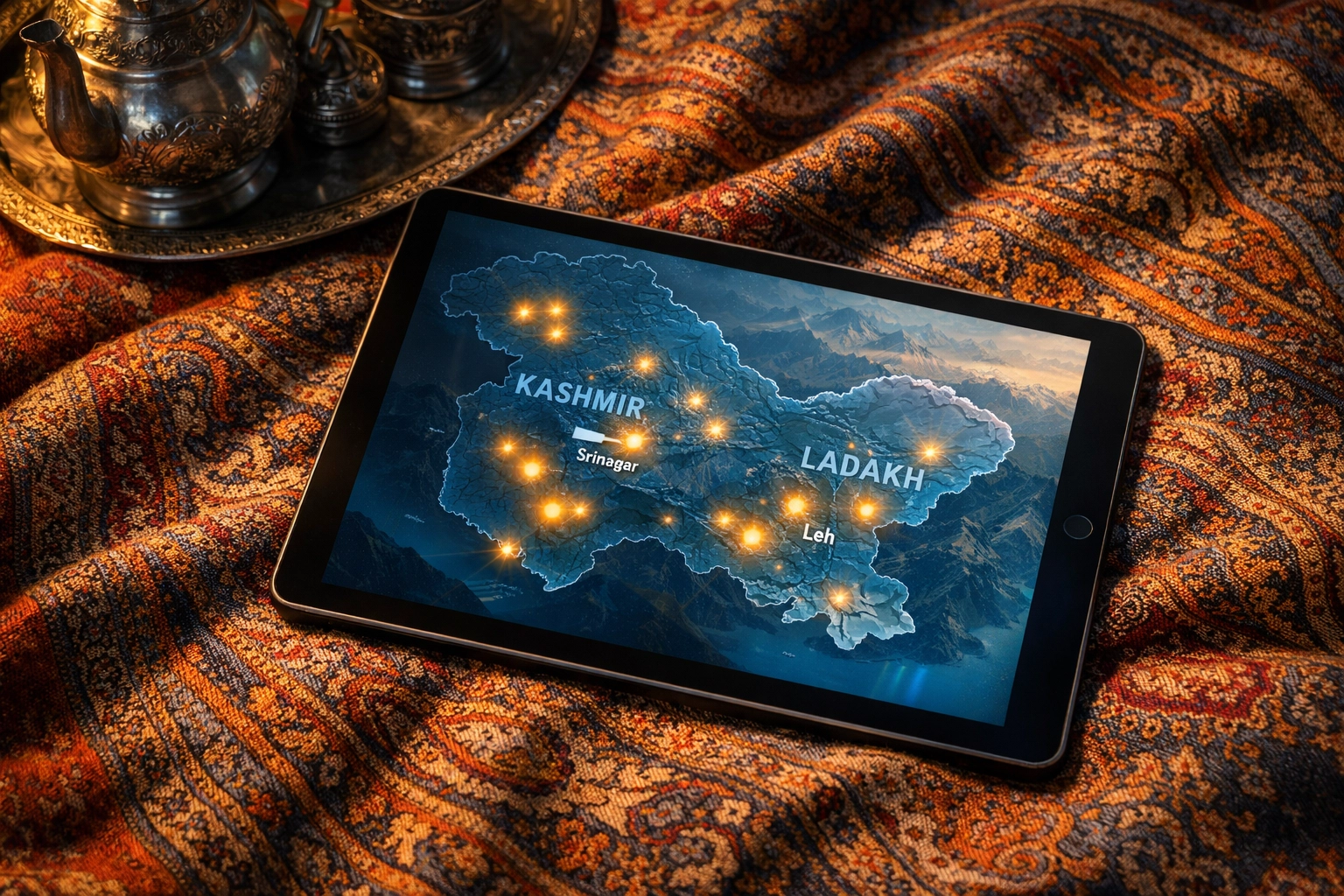 Digital map of Kashmir and Ladakh donation activity for Iran humanitarian relief displayed on a tablet.