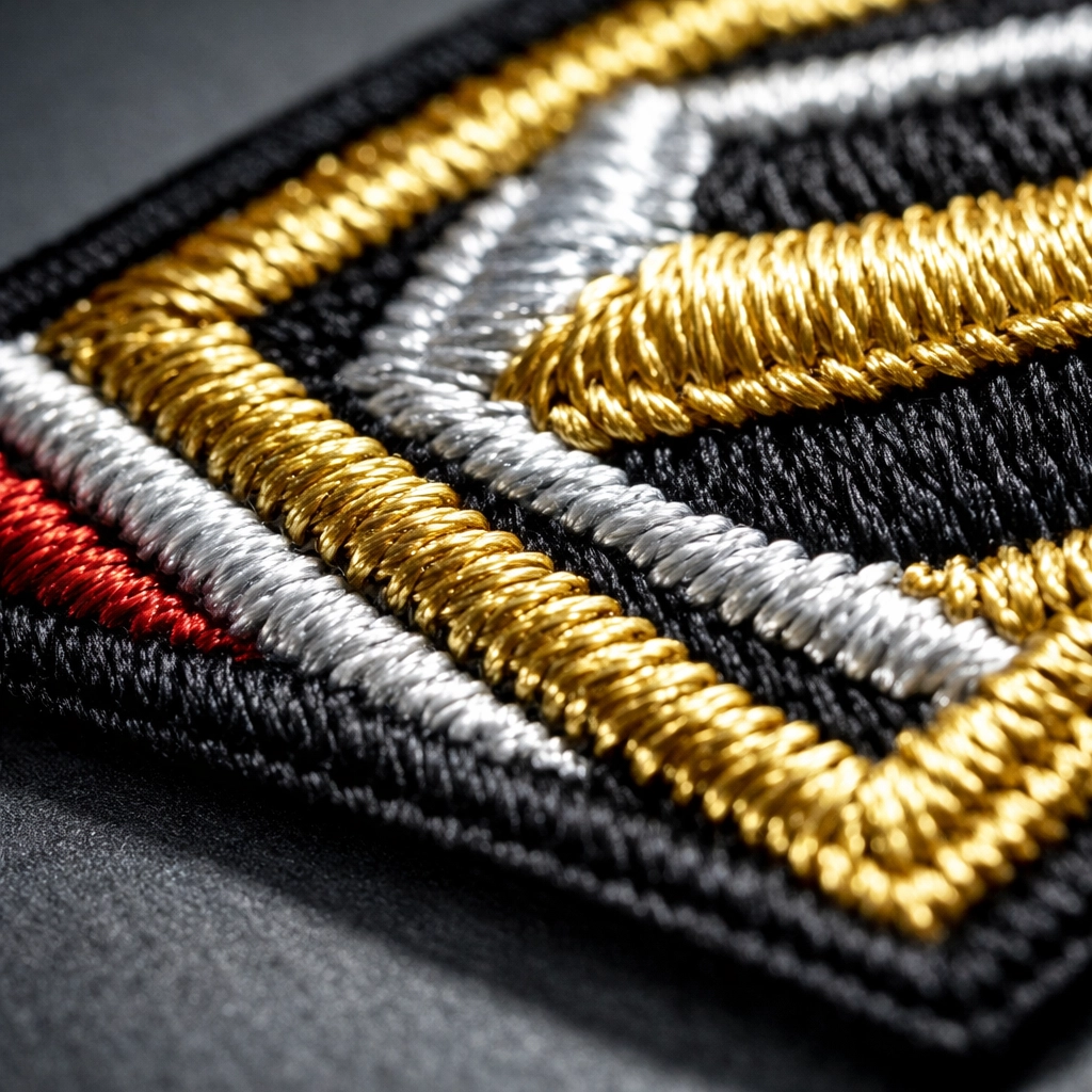 Close-up of premium custom embroidery patches showing high-density stitching and detailed thread texture.