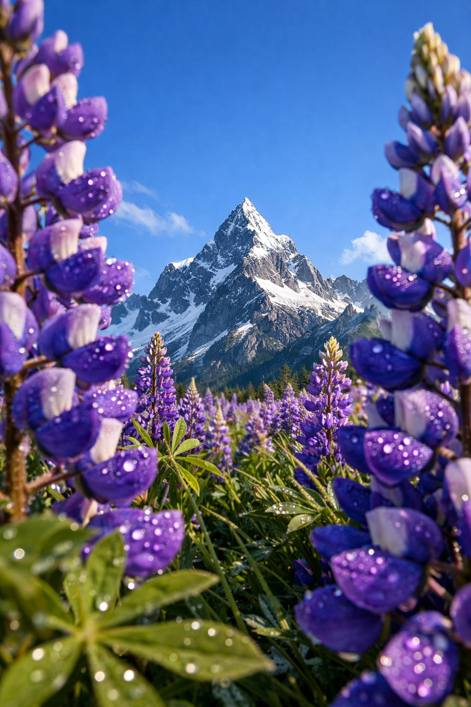 Low-angle landscape composition of purple wildflowers leading toward snowy mountain peaks.