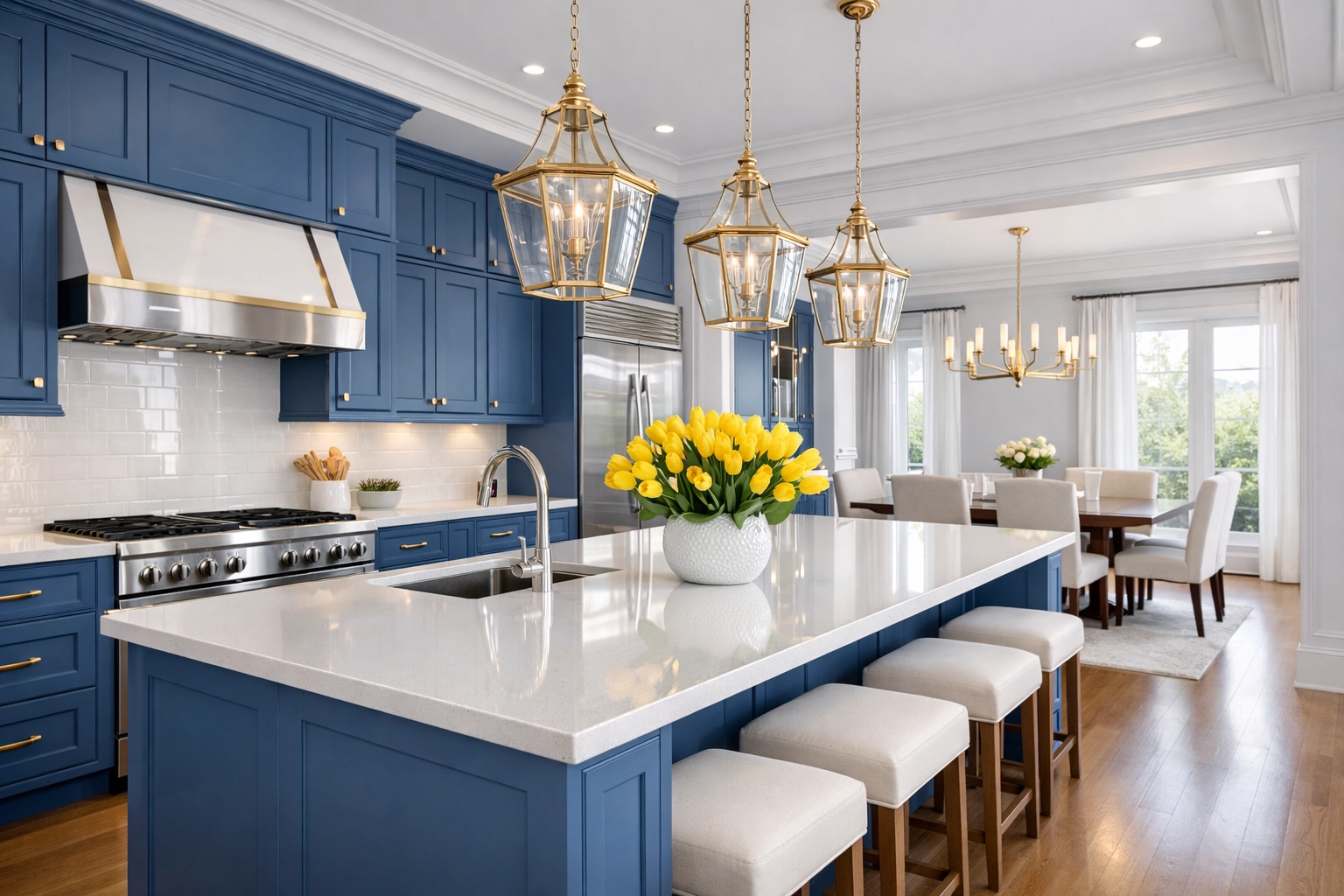 Luxury Rockport kitchen featuring pristine white quartz countertops and expert home cleaning.