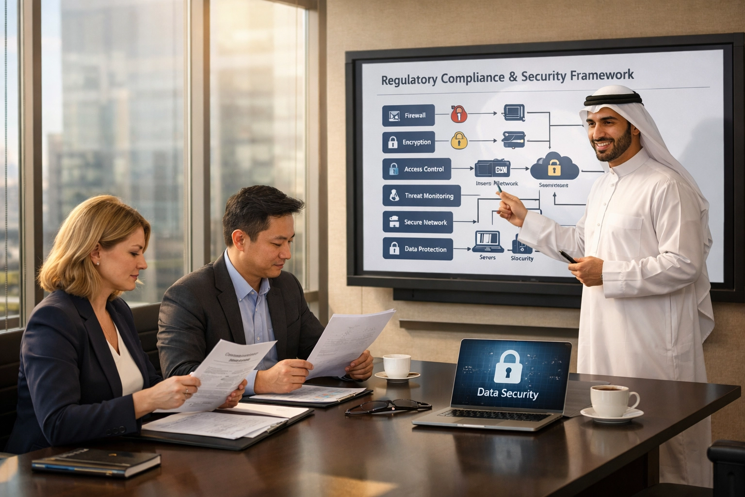 Business professionals reviewing fintech regulatory compliance and security frameworks