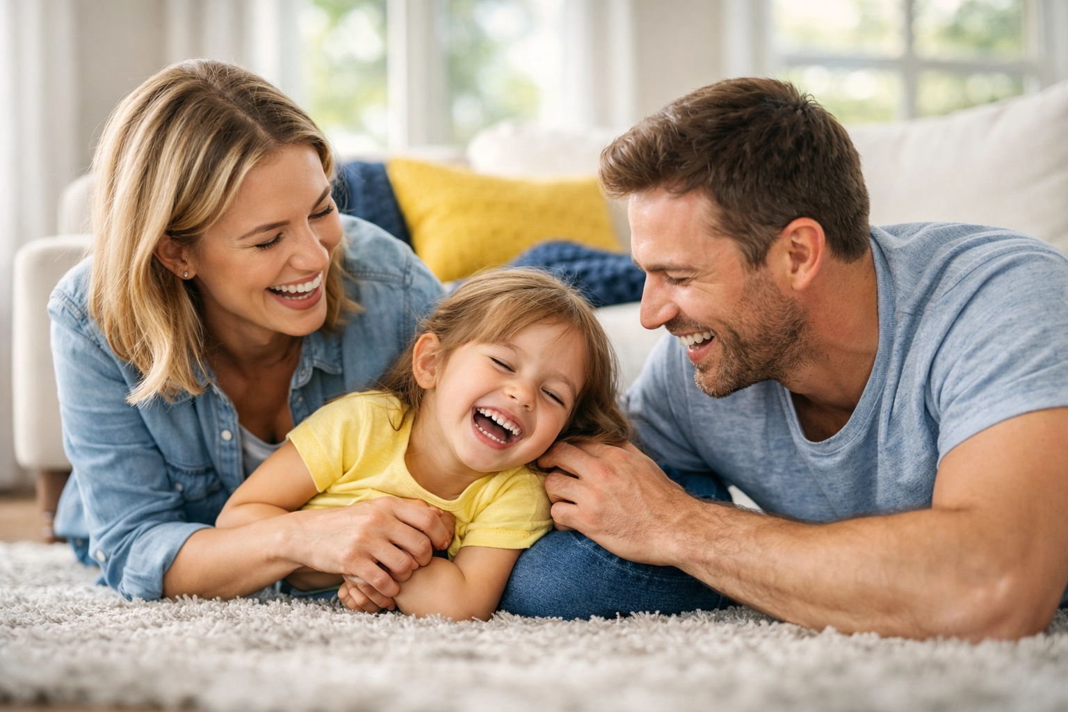 Happy family enjoying a clean living room in a Massachusetts home, showcasing the Ninja Experience.