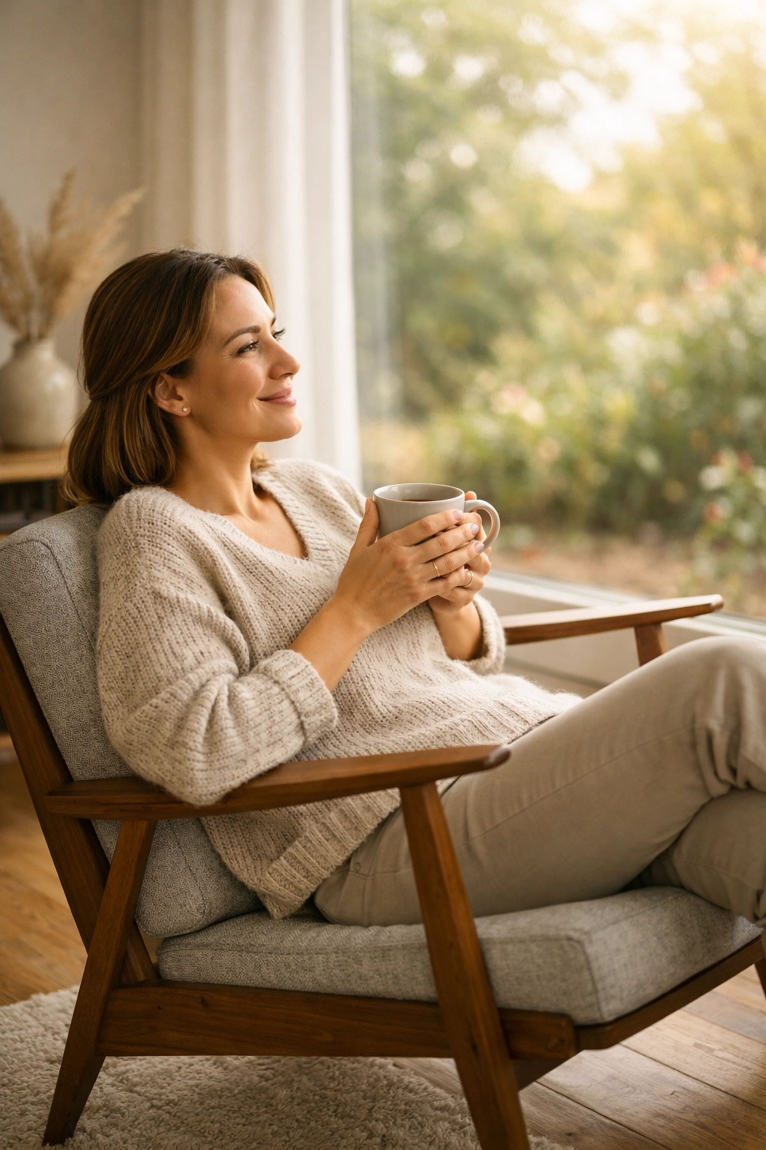 A relaxed professional woman enjoying a stress-free workday after organizing her sales pipeline.