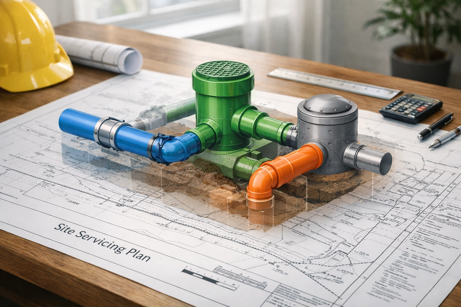 Detailed site servicing plan layout showing underground storm and sanitary sewer utility connections.