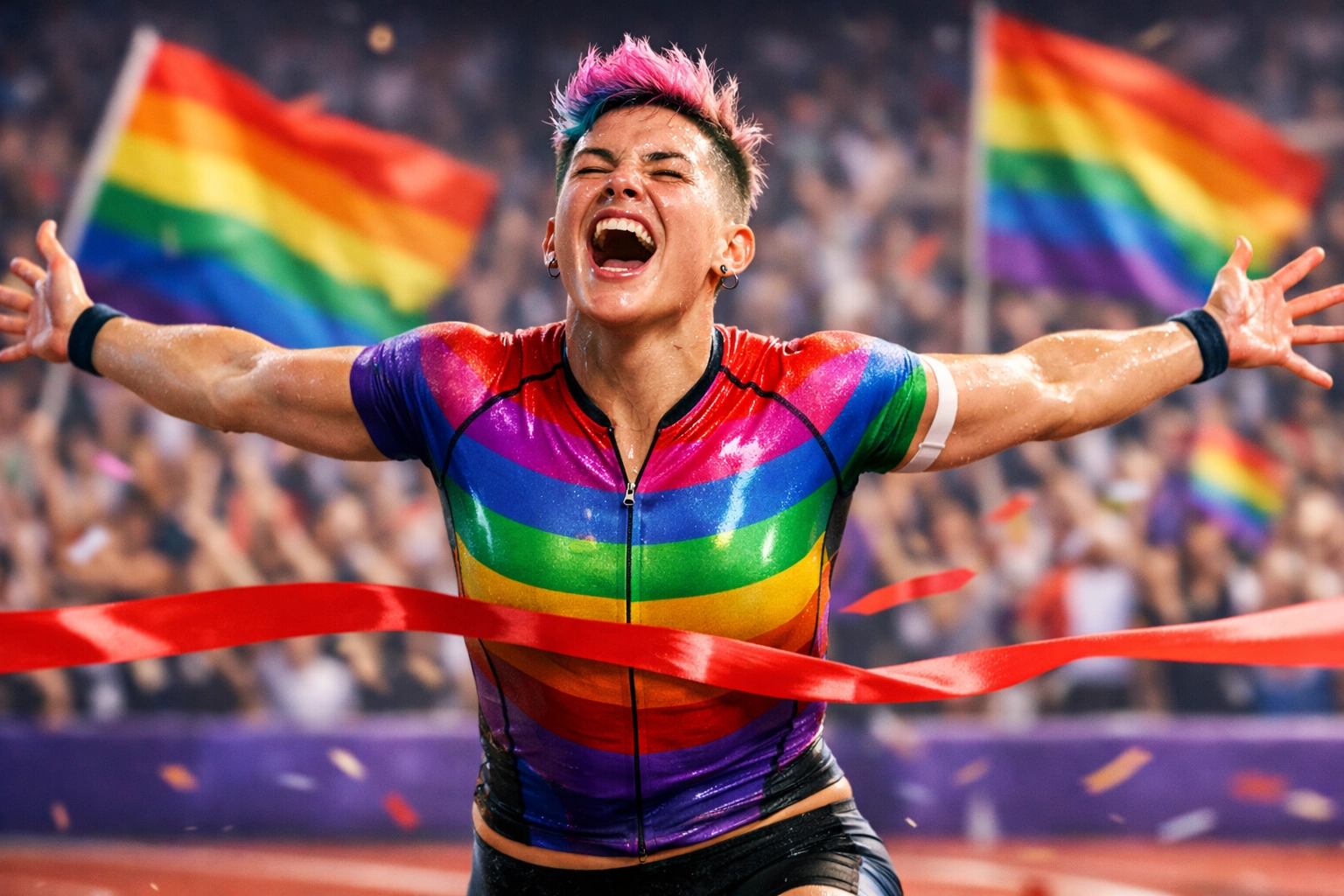 Joyful queer athlete crossing a finish line at the Gay Games to achieve their personal best.