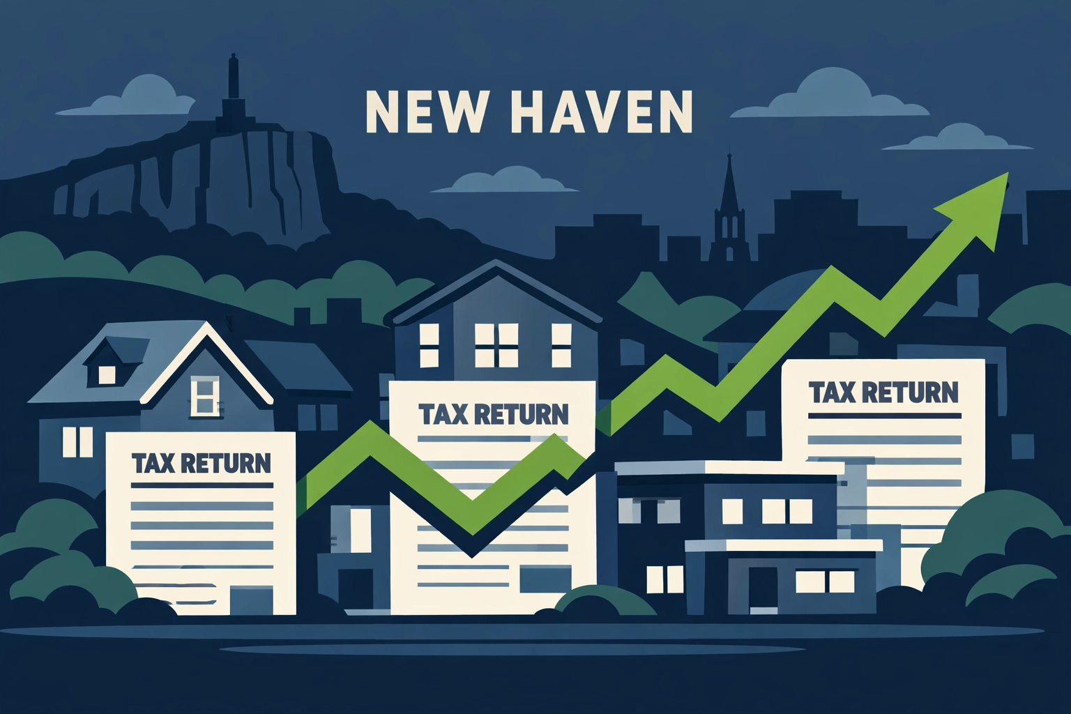 New Haven cityscape illustration showing 2026 SALT deduction cap updates for local taxpayers.
