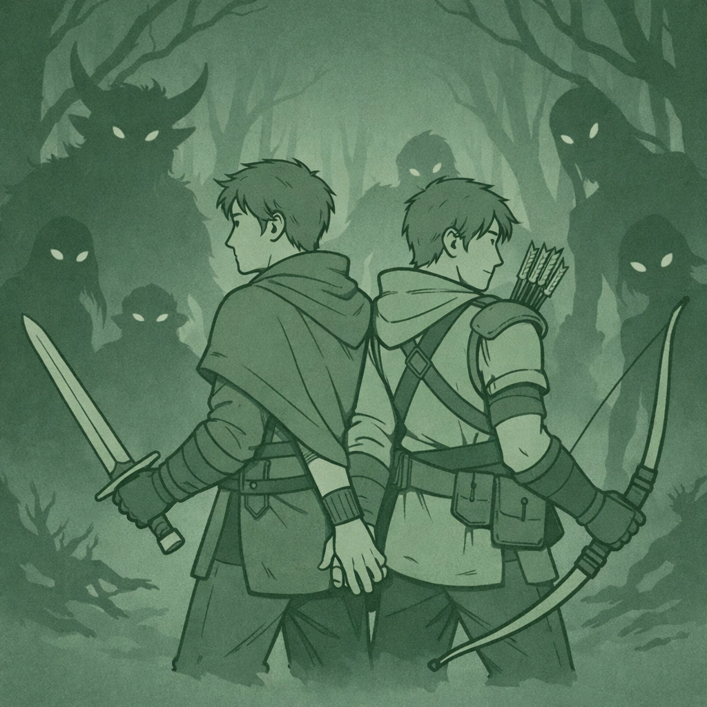 MM romance warriors fight monsters back-to-back showing partnership and trust