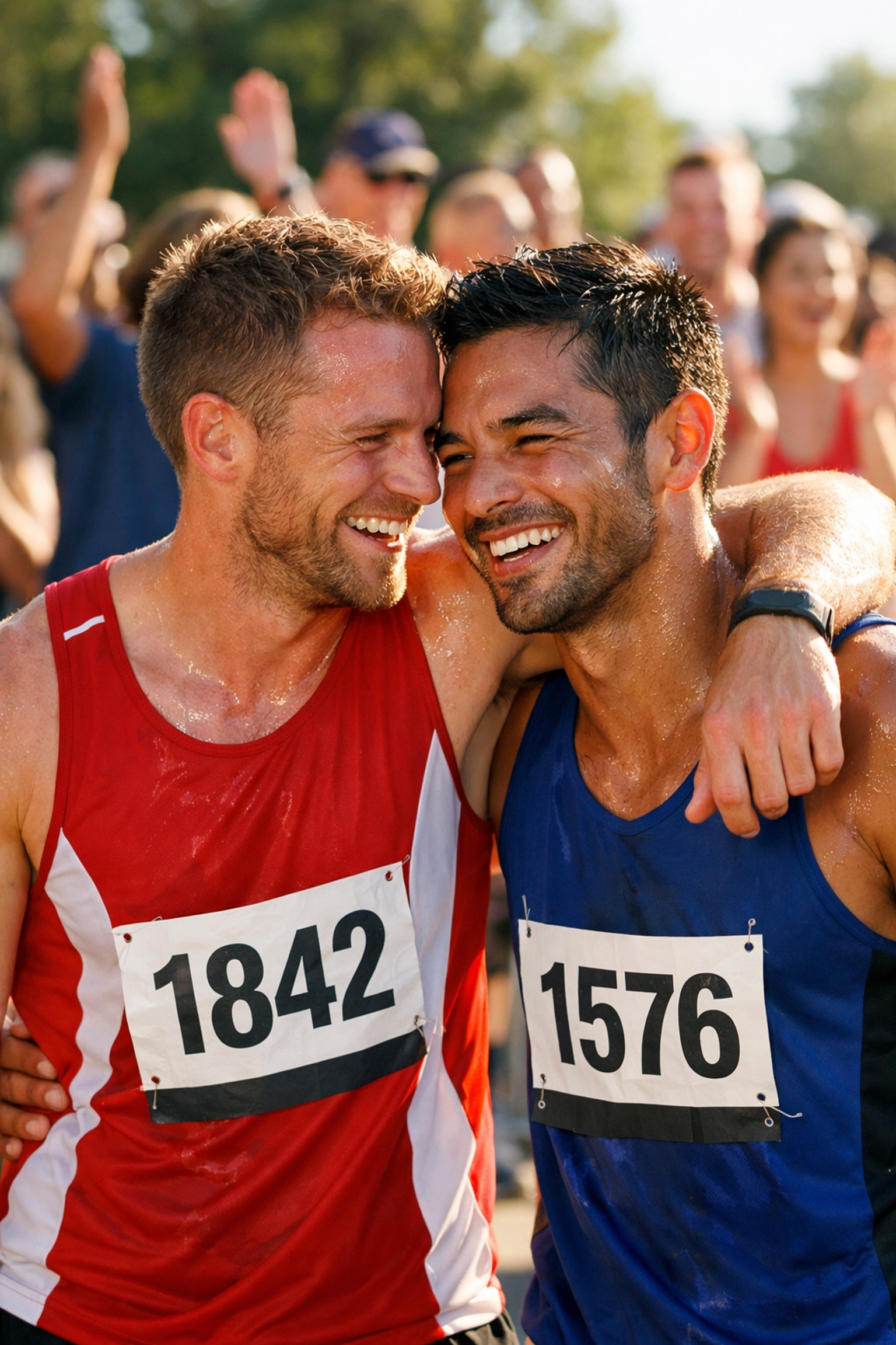 Gay male runners embrace in celebration after competing openly at Gay Games