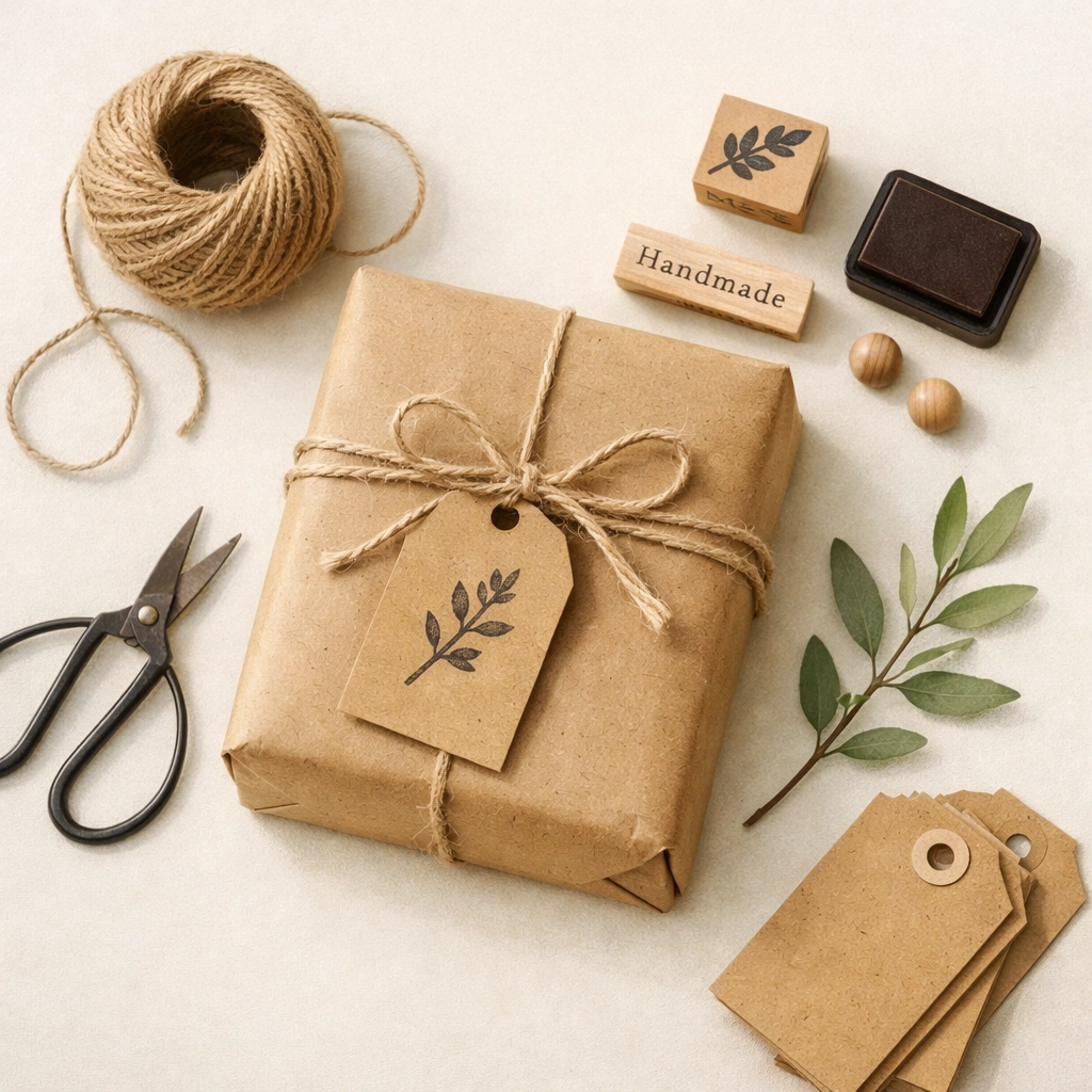 Brown kraft paper packaging with twine and hand-stamped tags
