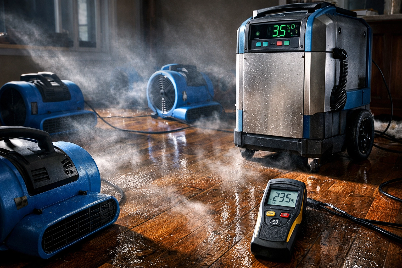 Professional water damage equipment including dehumidifiers and air movers drying wet floors