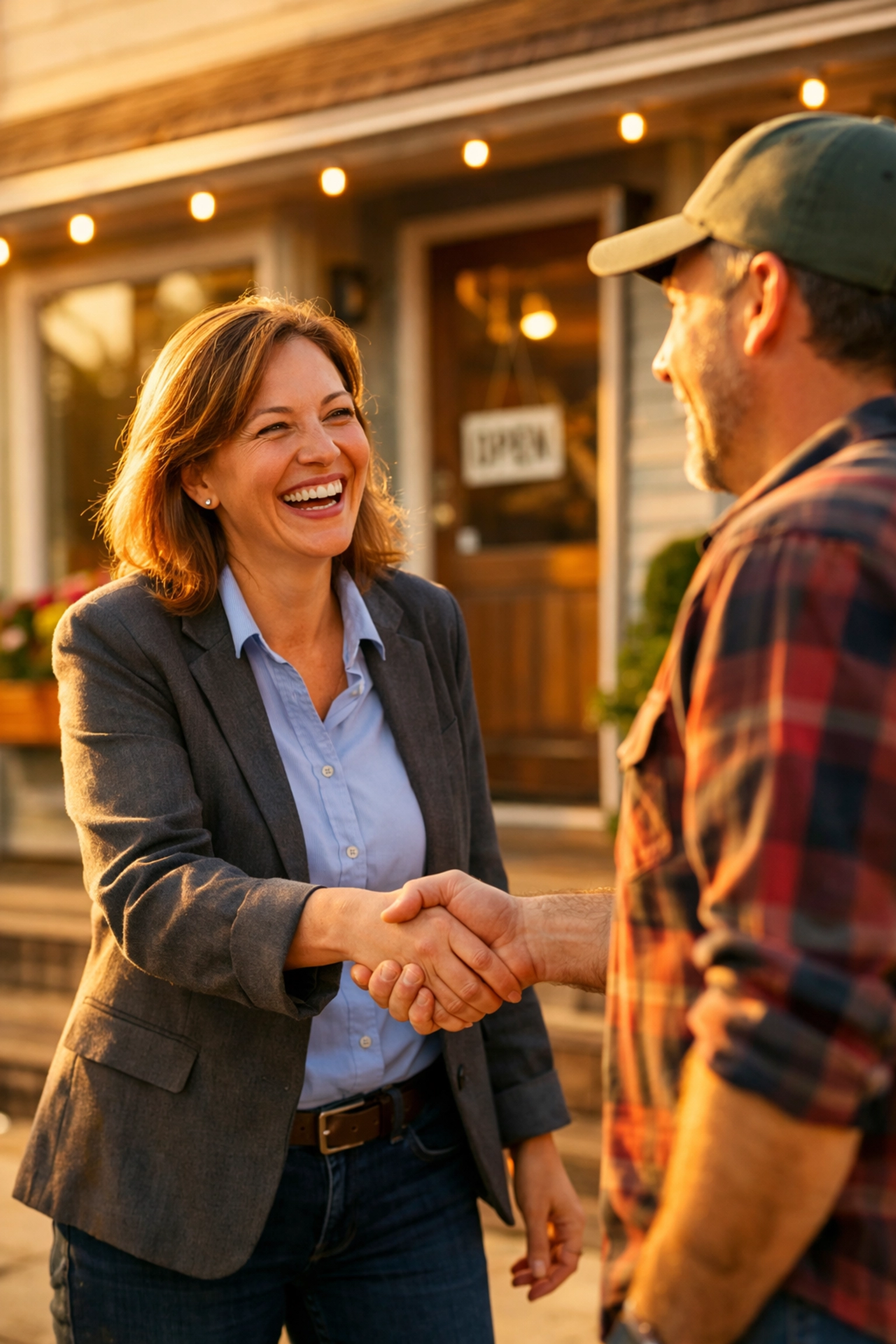 Small business owner shaking hands with a satisfied customer to build local trust and positive reviews.