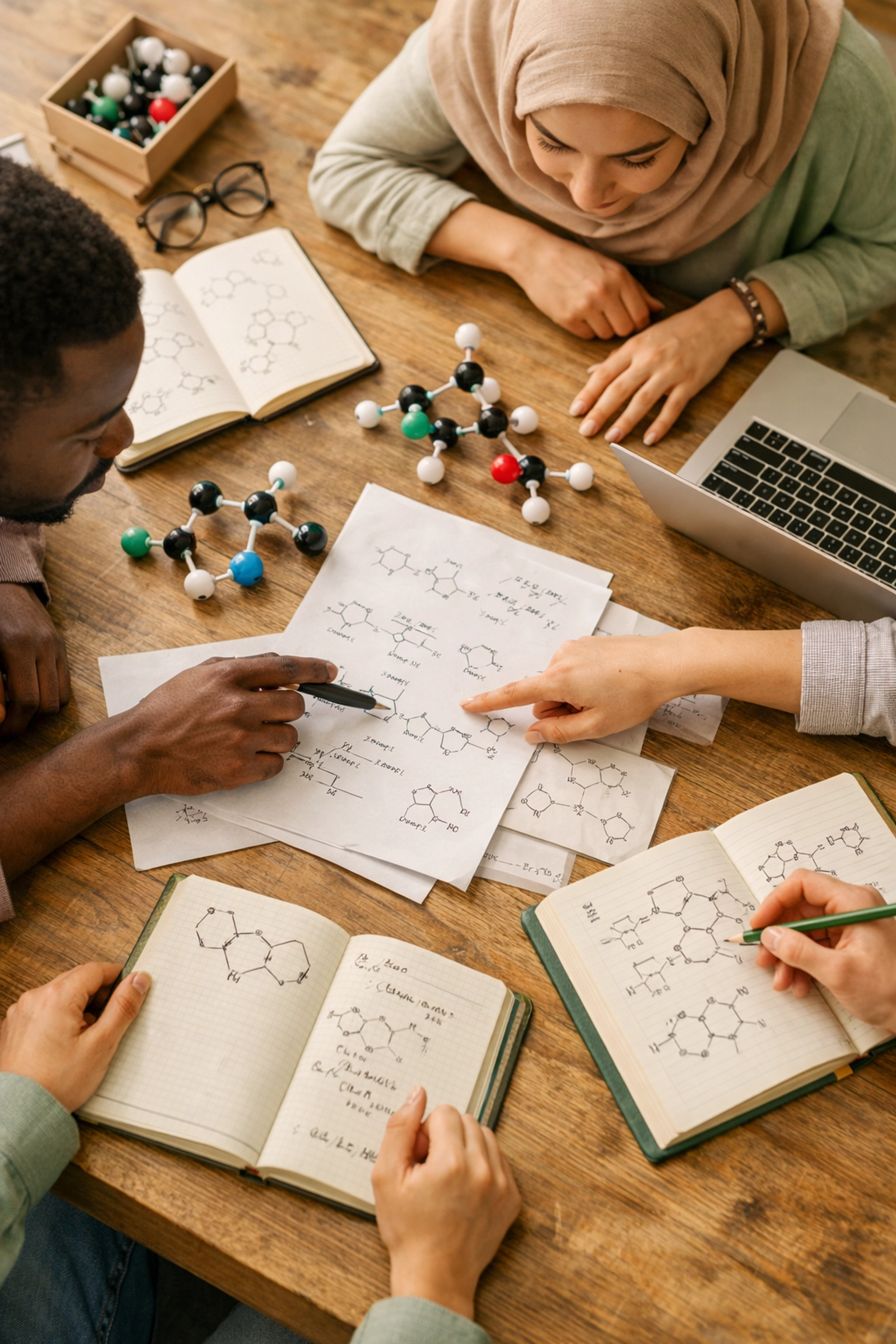 International students studying chemistry together with molecular models and equations