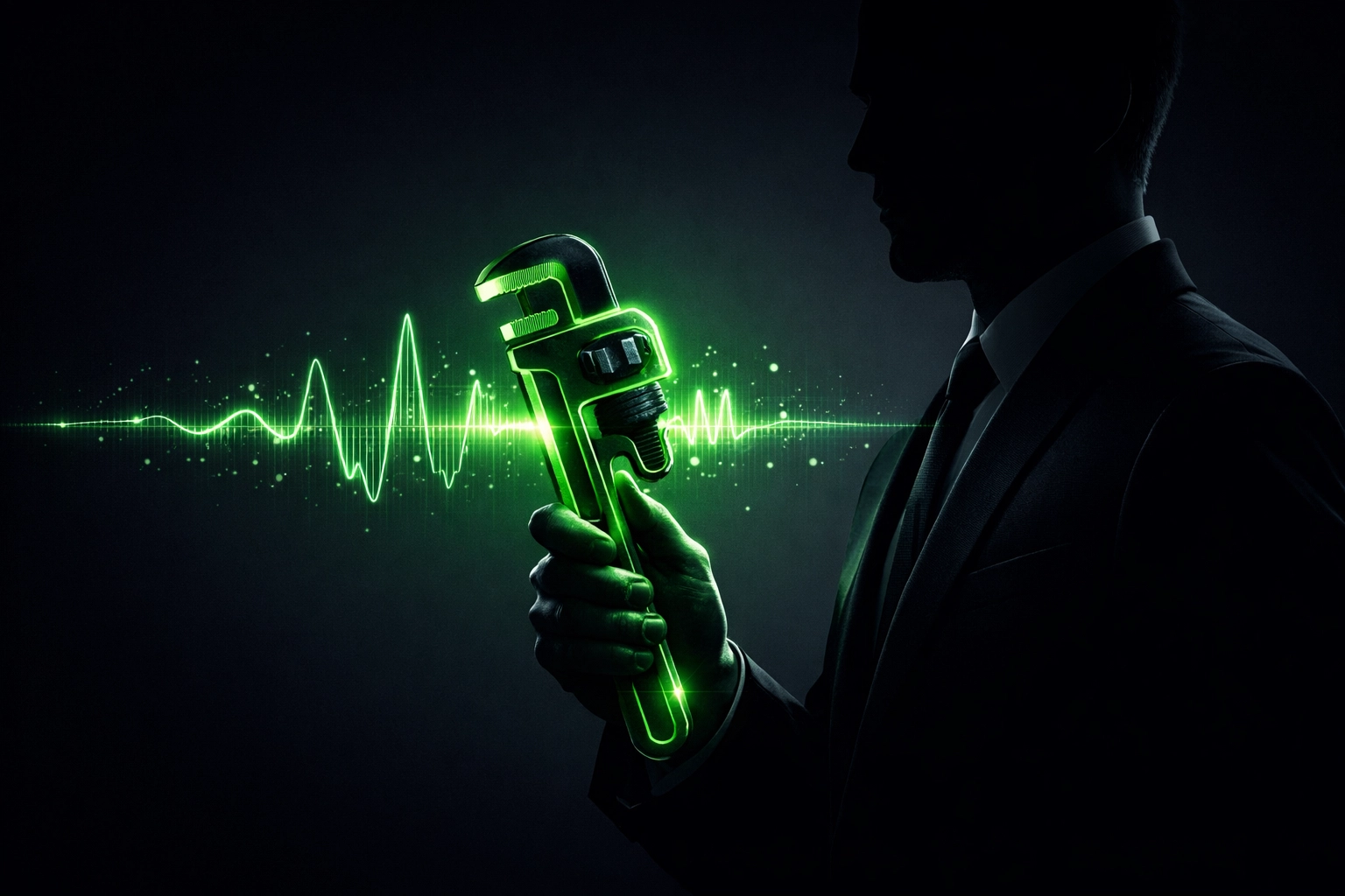 Plumber silhouette with a glowing wrench providing emergency plumbing services in Miller County, Missouri.