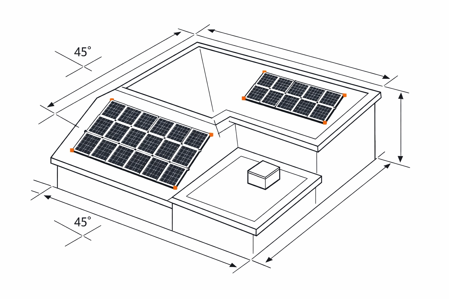 Planung einer PV-Anlage in Wien: Technische Darstellung des Modul-Layouts auf einem Dachgrundriss.