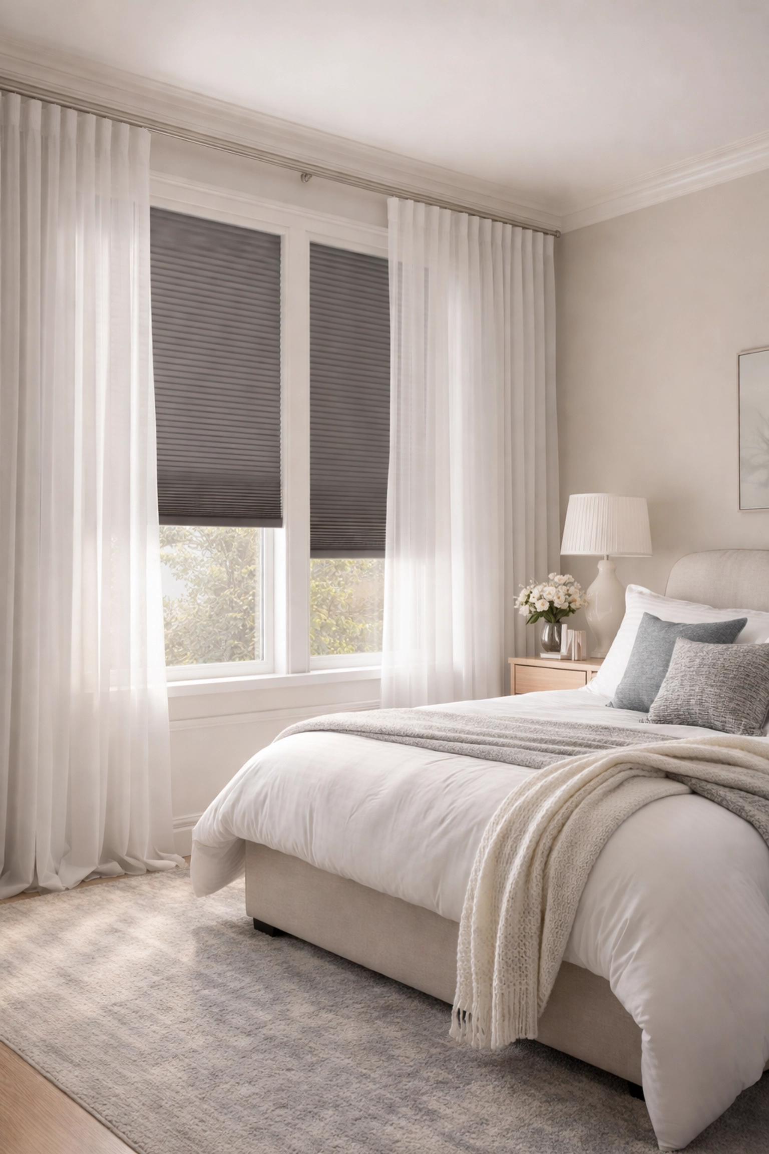 Master bedroom with sheer draperies layered over blackout cellular shades, highlighting stylish window treatments.