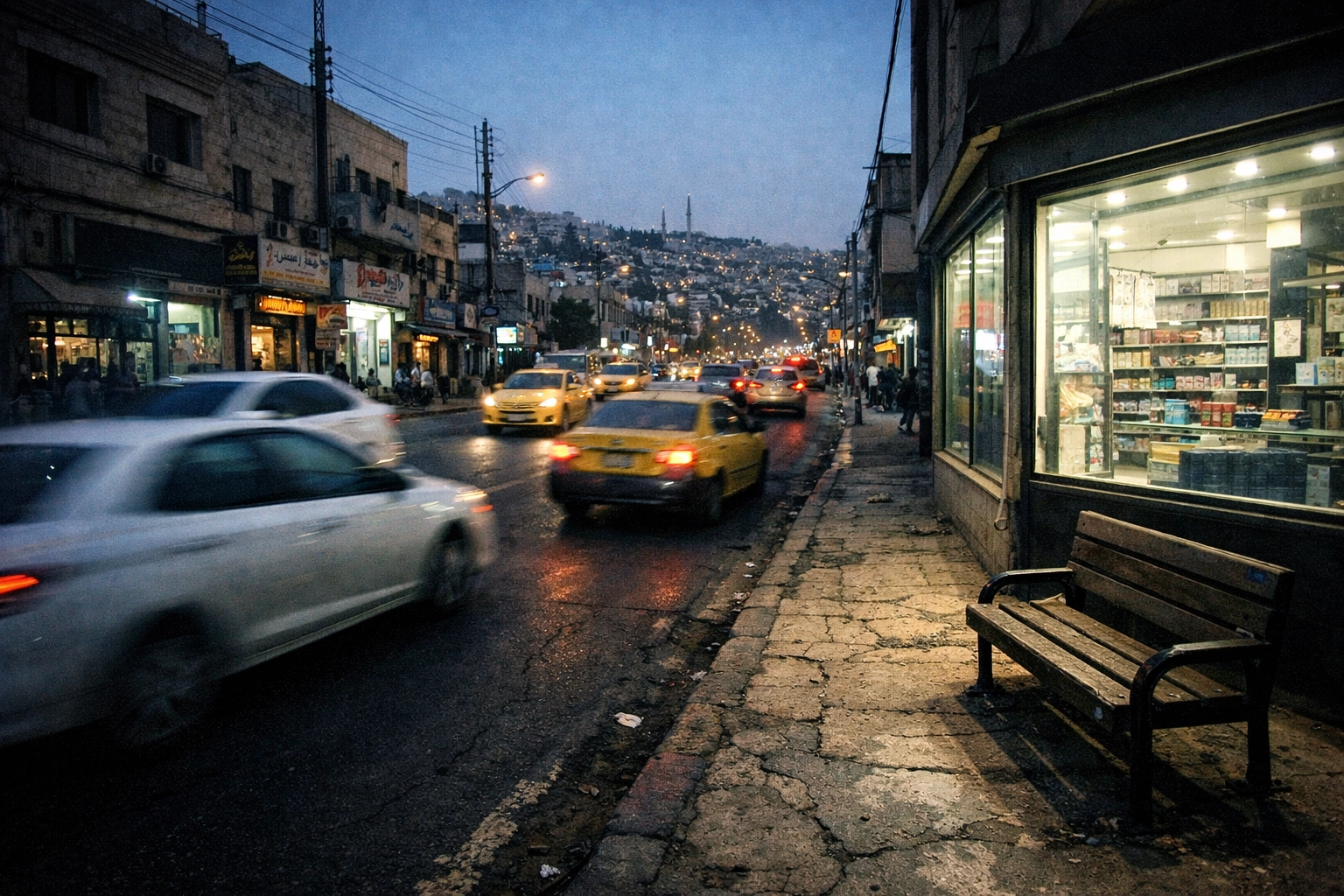 Street view of Amman at dusk featuring a modern cafe storefront, symbolizing the rise of Korean brands in Jordan.