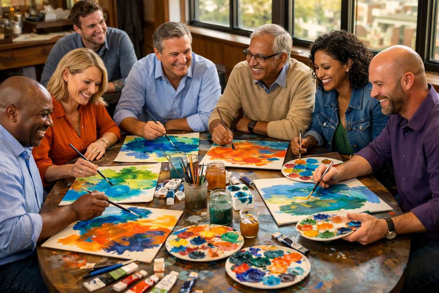 Diverse team engaged in corporate creative wellness workshop painting abstract art together