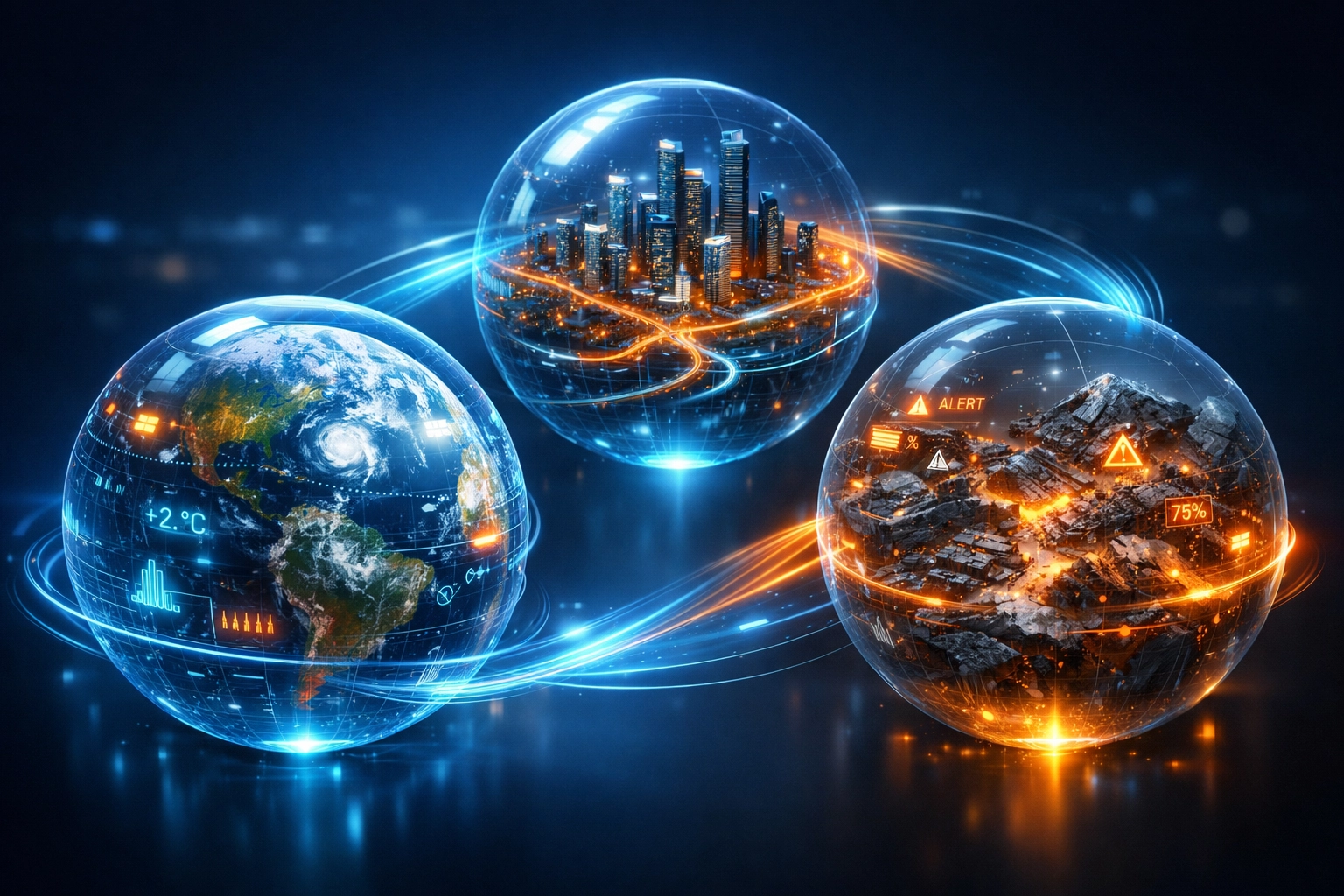 IMPACT platform visualization showing climate data, disaster response, and urban infrastructure domains