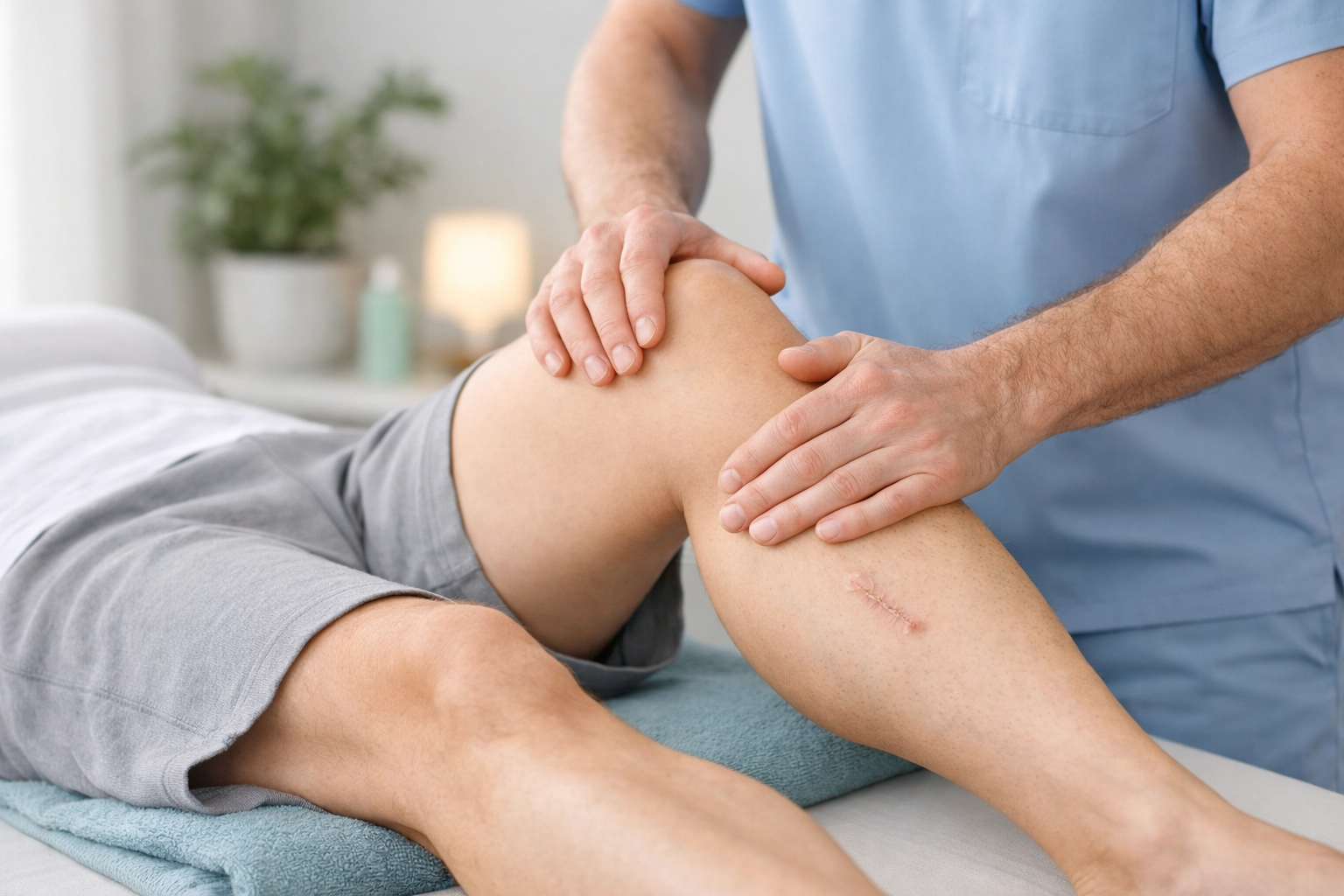 Chiropractor performing gentle post-surgical knee adjustment during recovery treatment