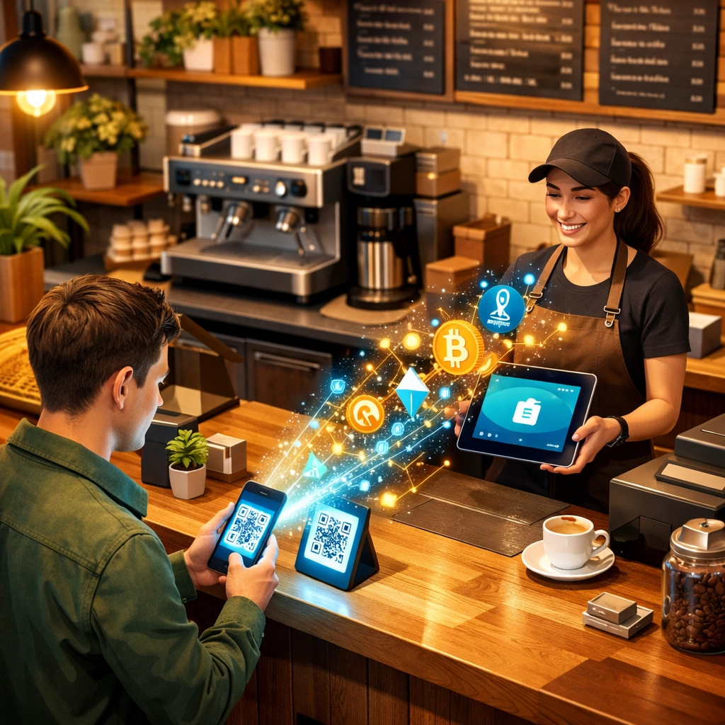 Customer using crypto POS system scanning QR code payment at coffee shop counter