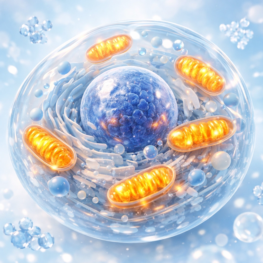 Microscopic view of a healthy cell with glowing mitochondria representing NMN boosting cellular energy and NAD+ levels.