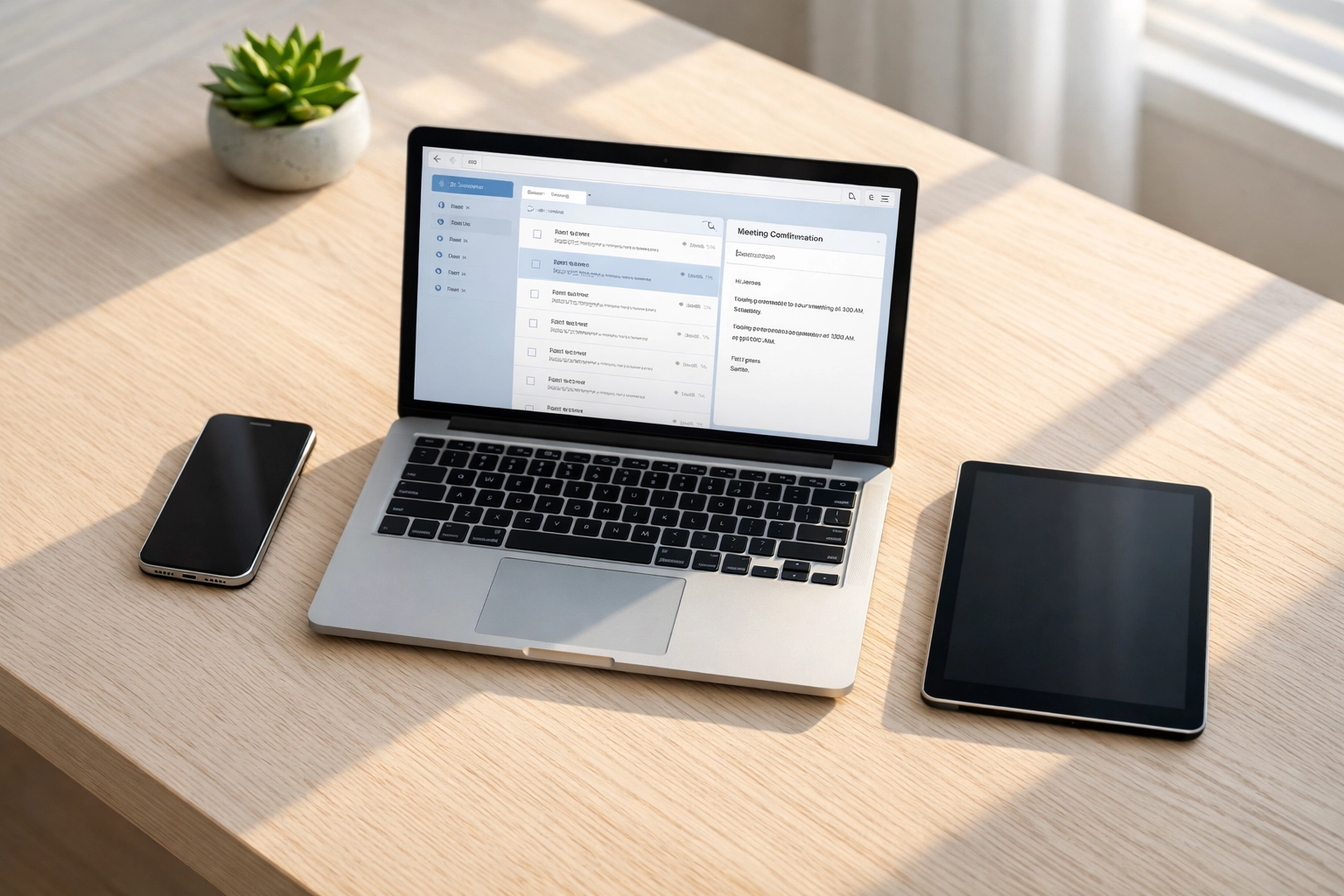 Modern desk with laptop and smartphone for managing business email accounts and Gmail inbox.