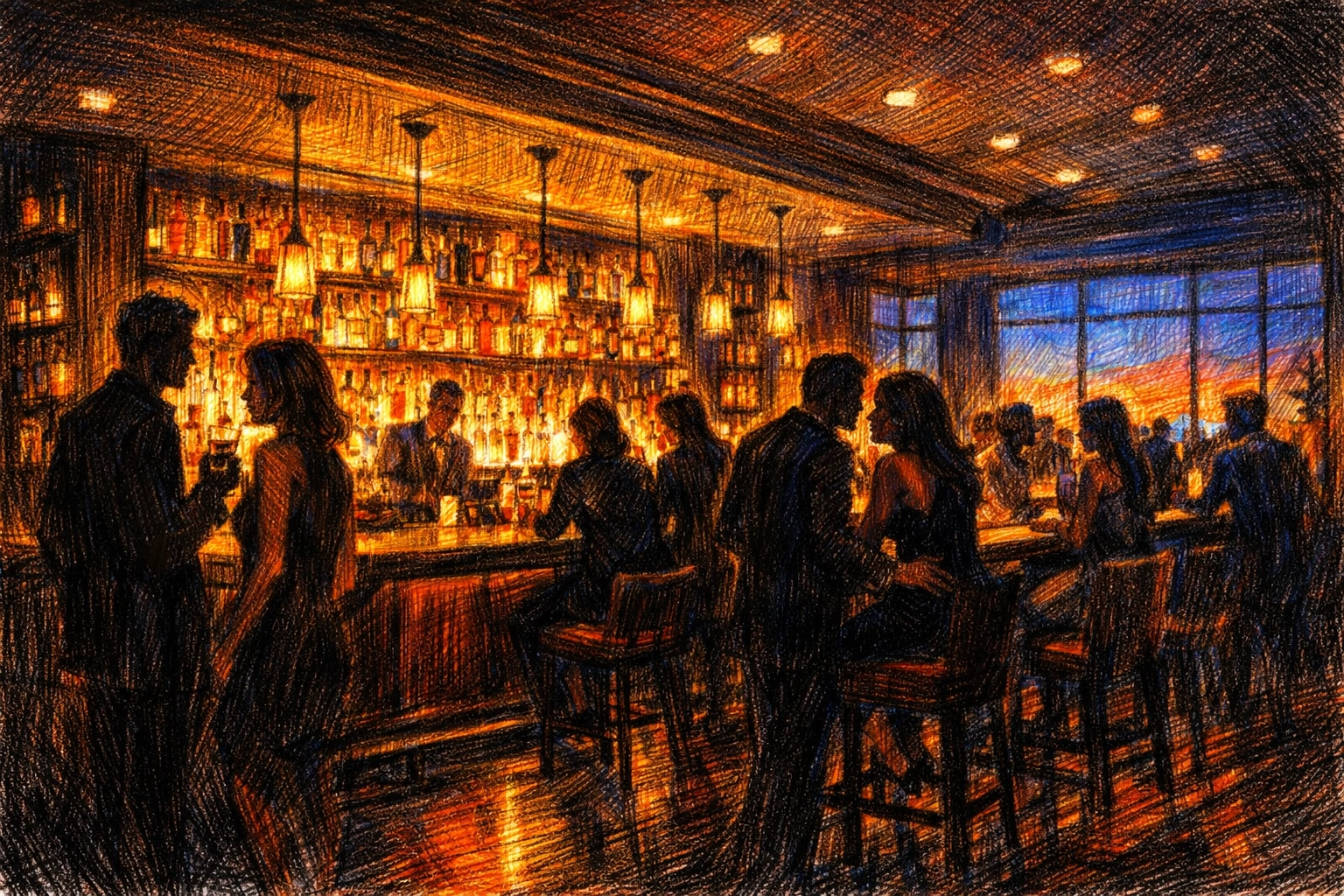 Vibrant hotel lobby bar at twilight designed for social interaction and evening guest revenue.