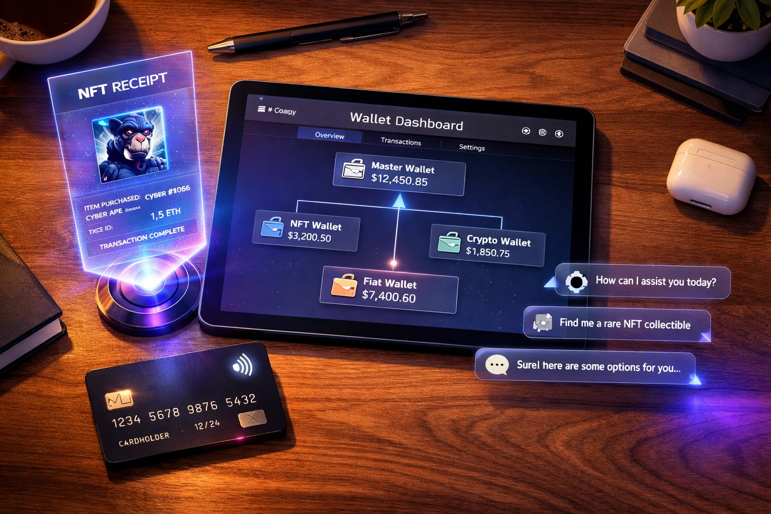 Larecoin merchant dashboard showing Master Wallet, NFT receipts, and AI shopping tools