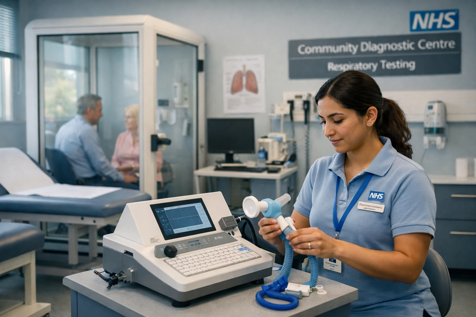NHS physiotherapist preparing spirometry equipment in community diagnostic centre