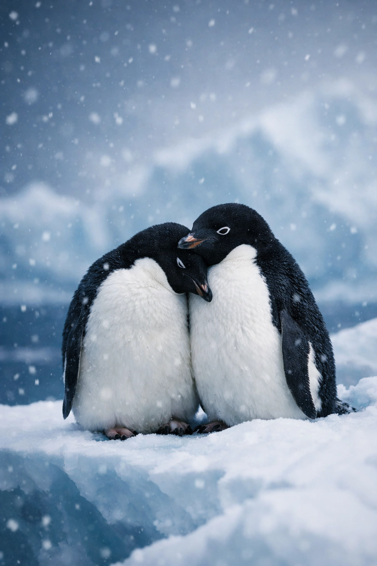 Two male penguins huddling together on ice, illustrating same-sex pairs and queer wildlife behavior.