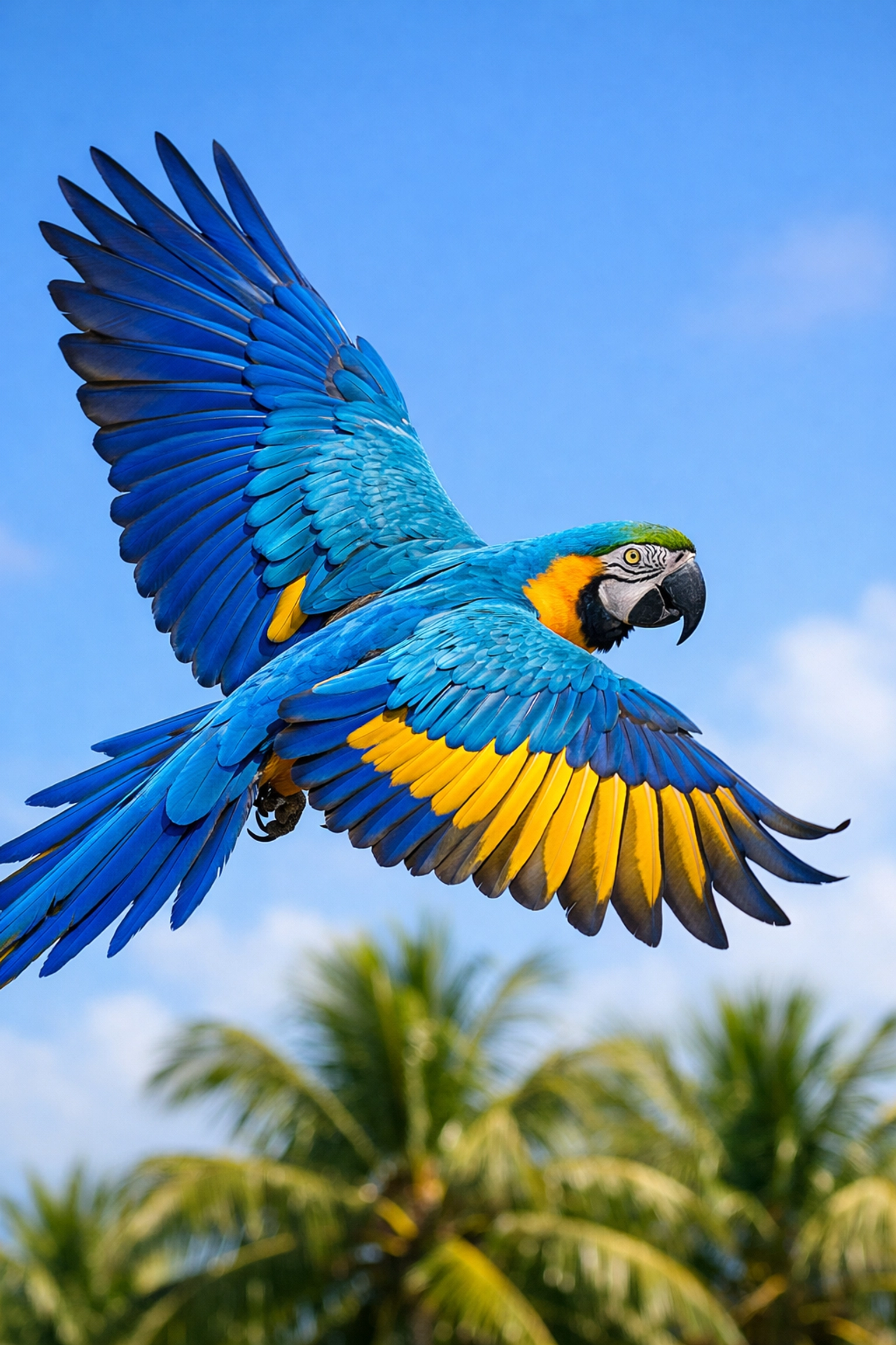 Blue-throated Macaw in flight showcasing vibrant colors to support bird conservation and protection efforts.