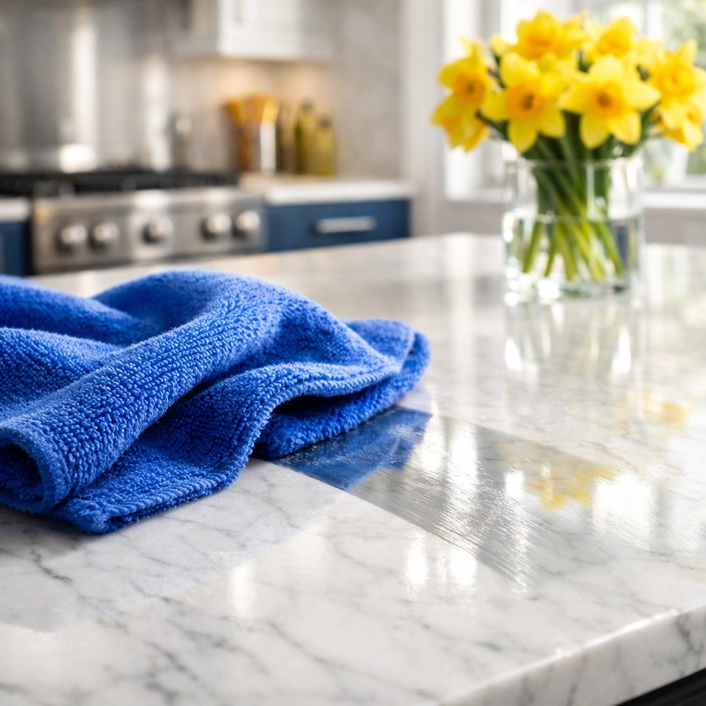 Professional luxury house cleaning in Sudbury using a microfiber cloth on a polished marble kitchen counter.
