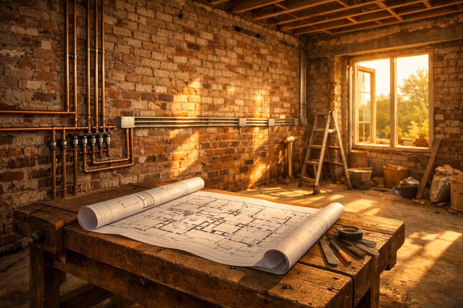 Structural renovation in a West Sussex home showing exposed brickwork and new plumbing.