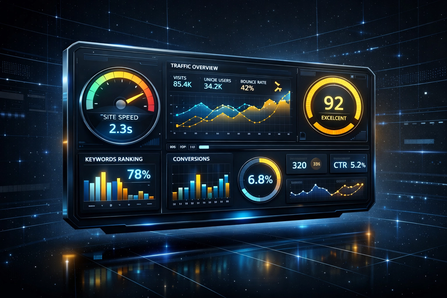 Technical SEO performance dashboard displaying Core Web Vitals and page speed metrics