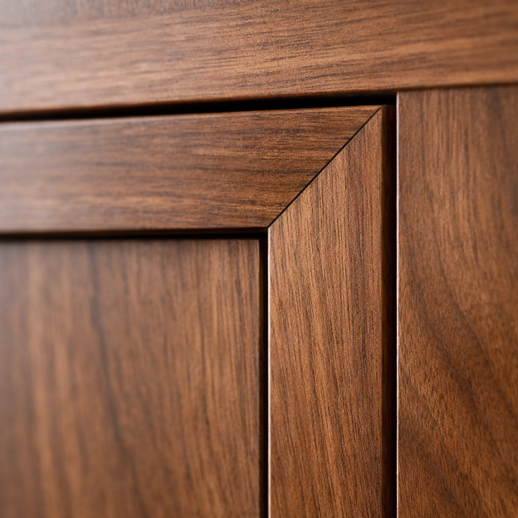 Close-up of precision inset walnut cabinetry joinery showing high-end craftsmanship.