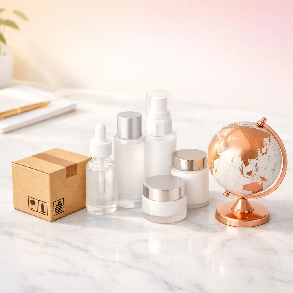 Premium Korean skincare products and shipping box showing K-beauty wholesale international trade costs.