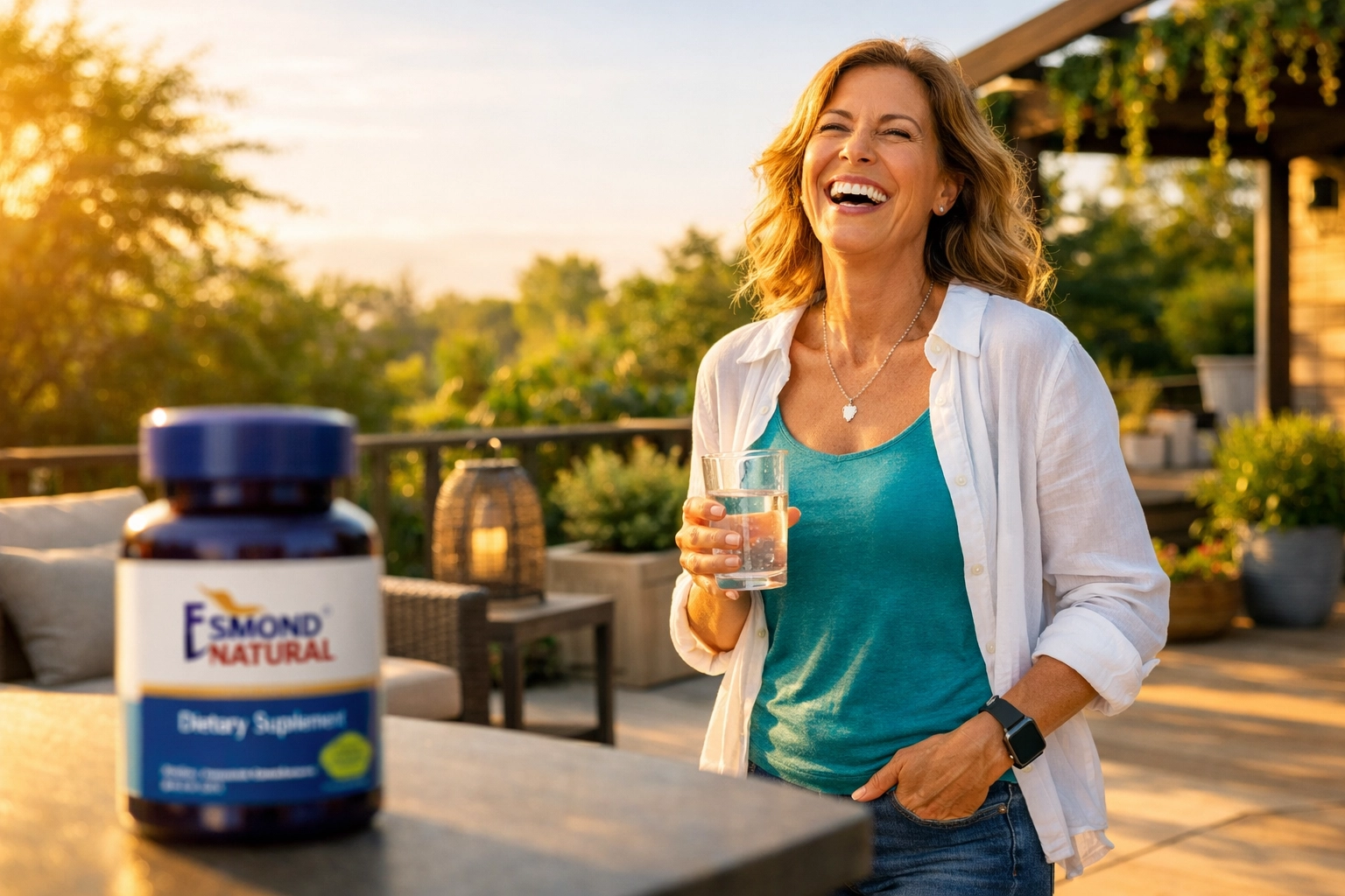 A healthy adult enjoying vitality and pH balance with Esmond Natural alkaline tablets outdoors.