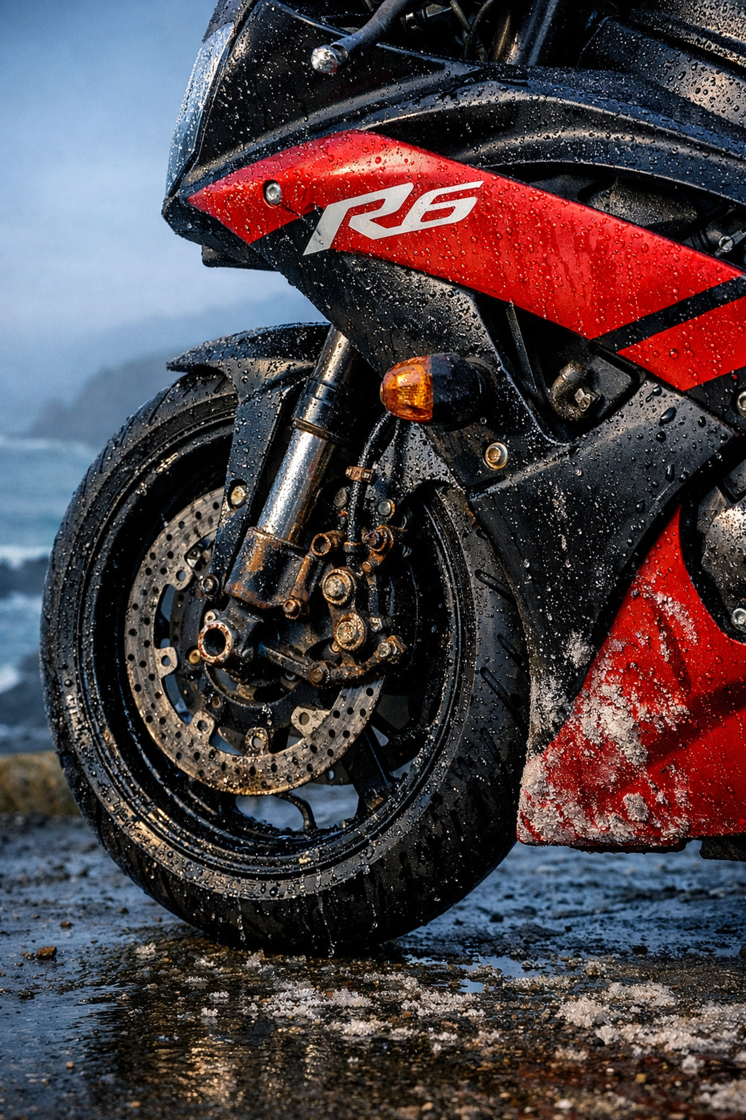 Yamaha R6 sport bike with salt corrosion damage on wheels and fairings from coastal fog in Santa Cruz