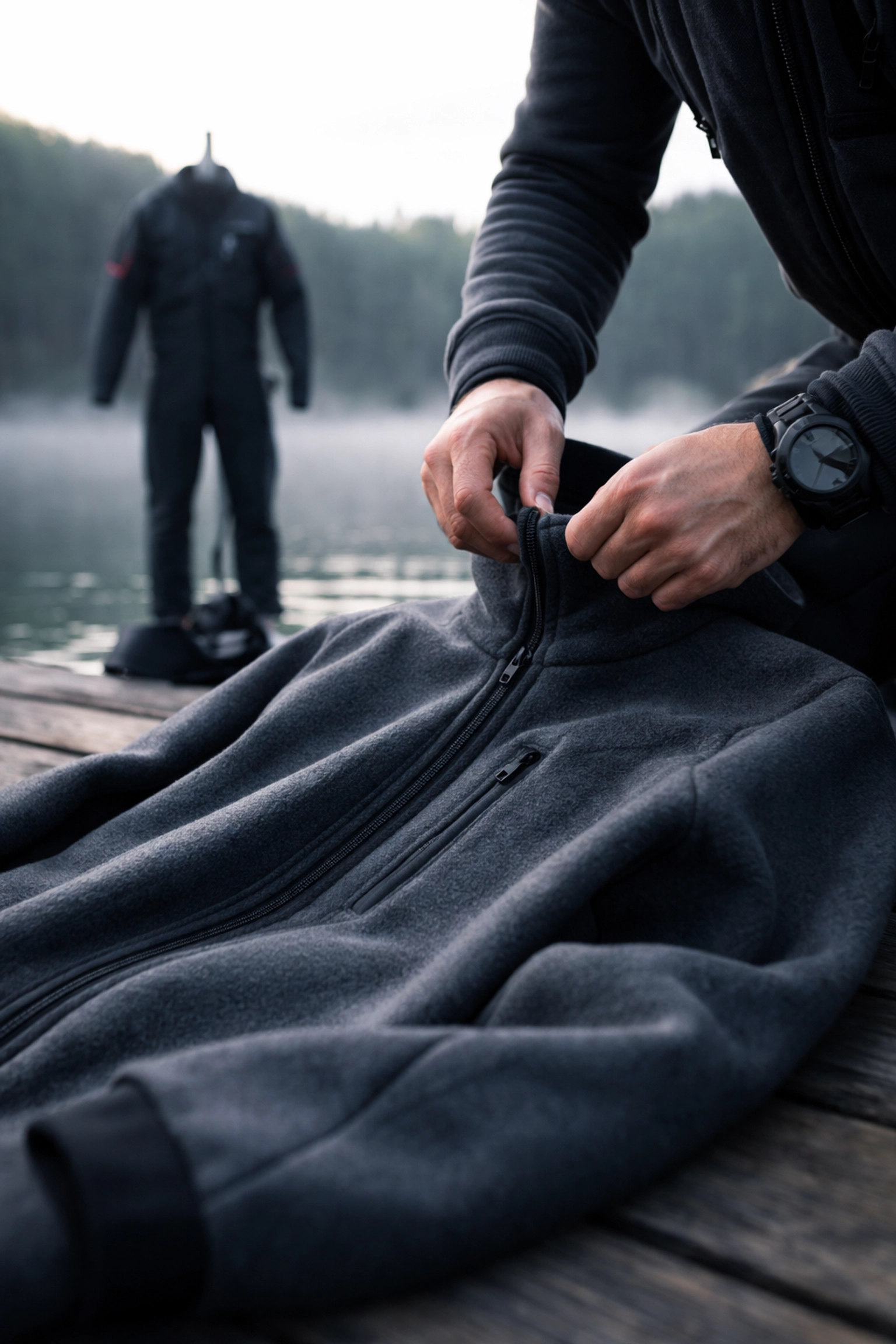 Taucherhände legen warme Unterzieher für Scubaforce Trockentauchanzug auf einem Steg bei kühlem Wetter bereit