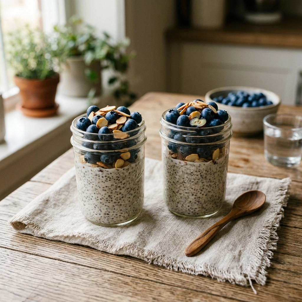 Two jars of blueberry chia pudding on a rustic table