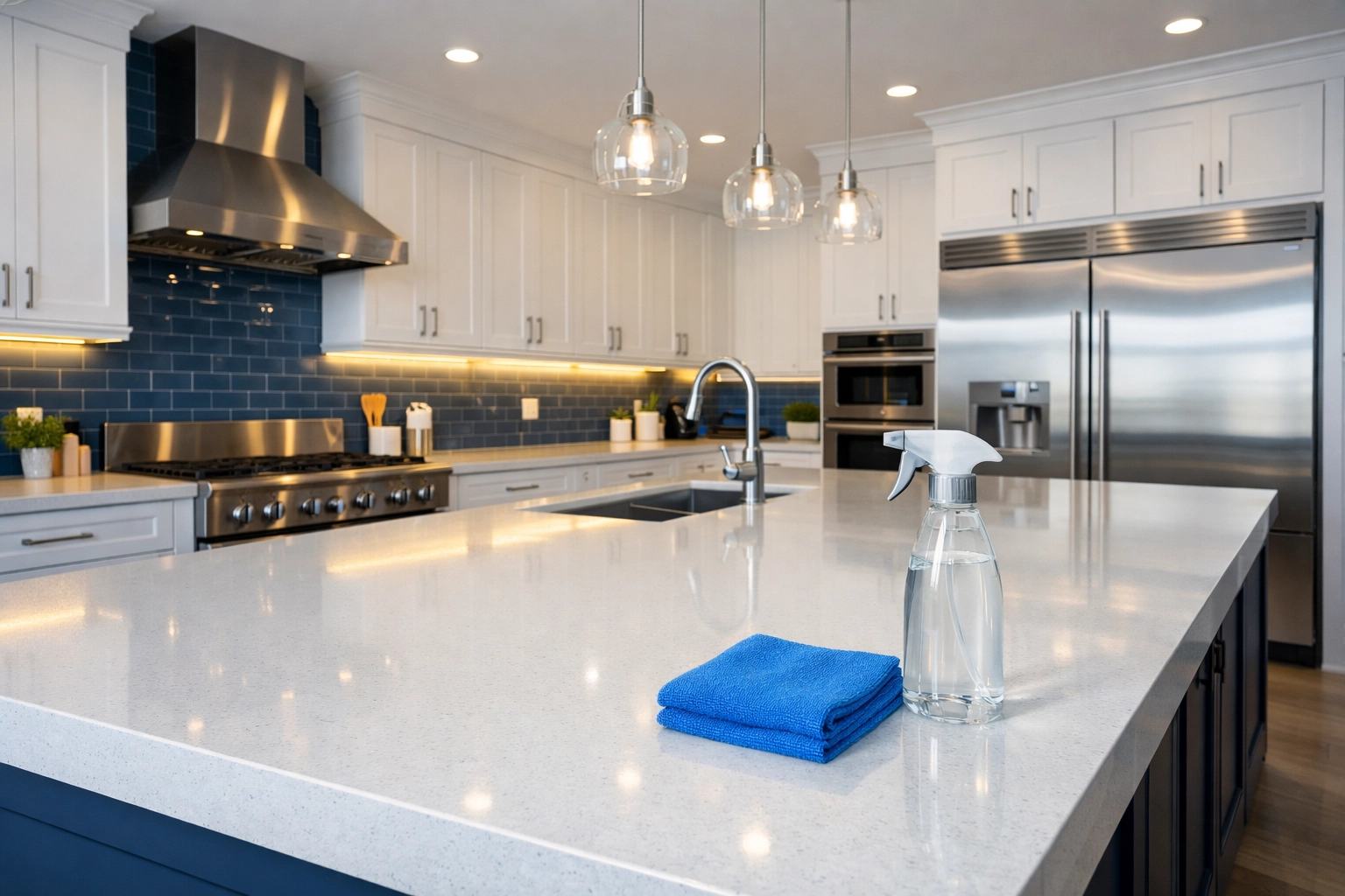 Sanitized modern kitchen in Carlisle, MA, featuring sparkling white countertops after a move-in deep cleaning service.
